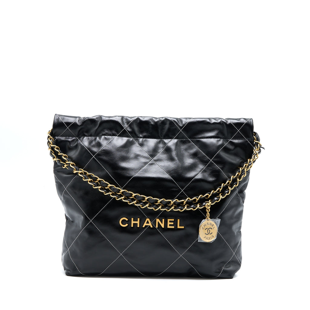 CHANEL SMALL 22 BAG SHINY CALFSKIN BLACK GHW (MICROCHIP)