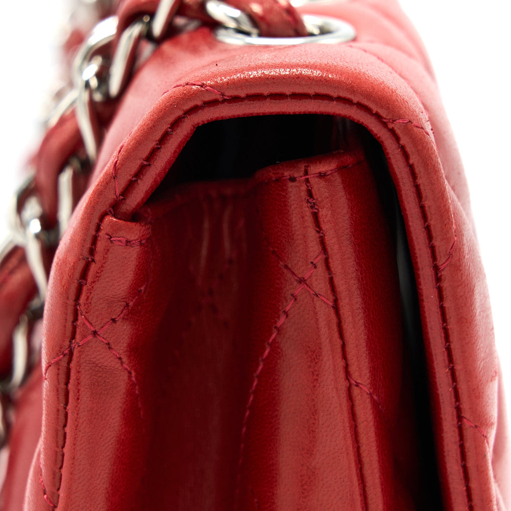 CHANEL CLASSIC JUMBO SINGLE FLAP BAG LAMBSKIN RED SHW