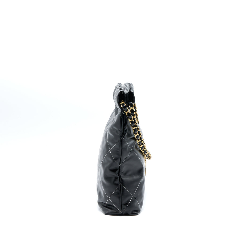 CHANEL SMALL 22 BAG SHINY CALFSKIN BLACK GHW (MICROCHIP)