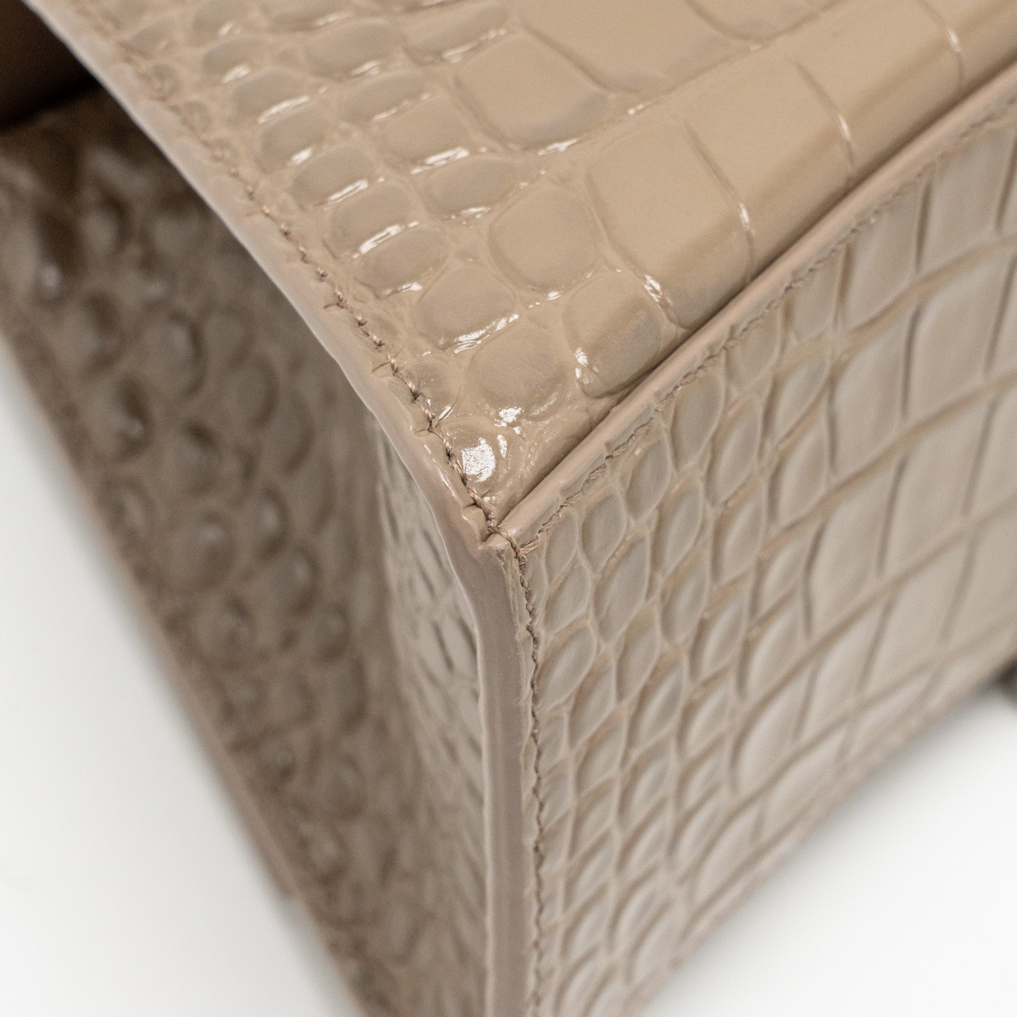 BALENCIAGA SMALL HOURGLASS BAG CROC-EMBOSSED CALFSKIN DARK BEIGE SHW