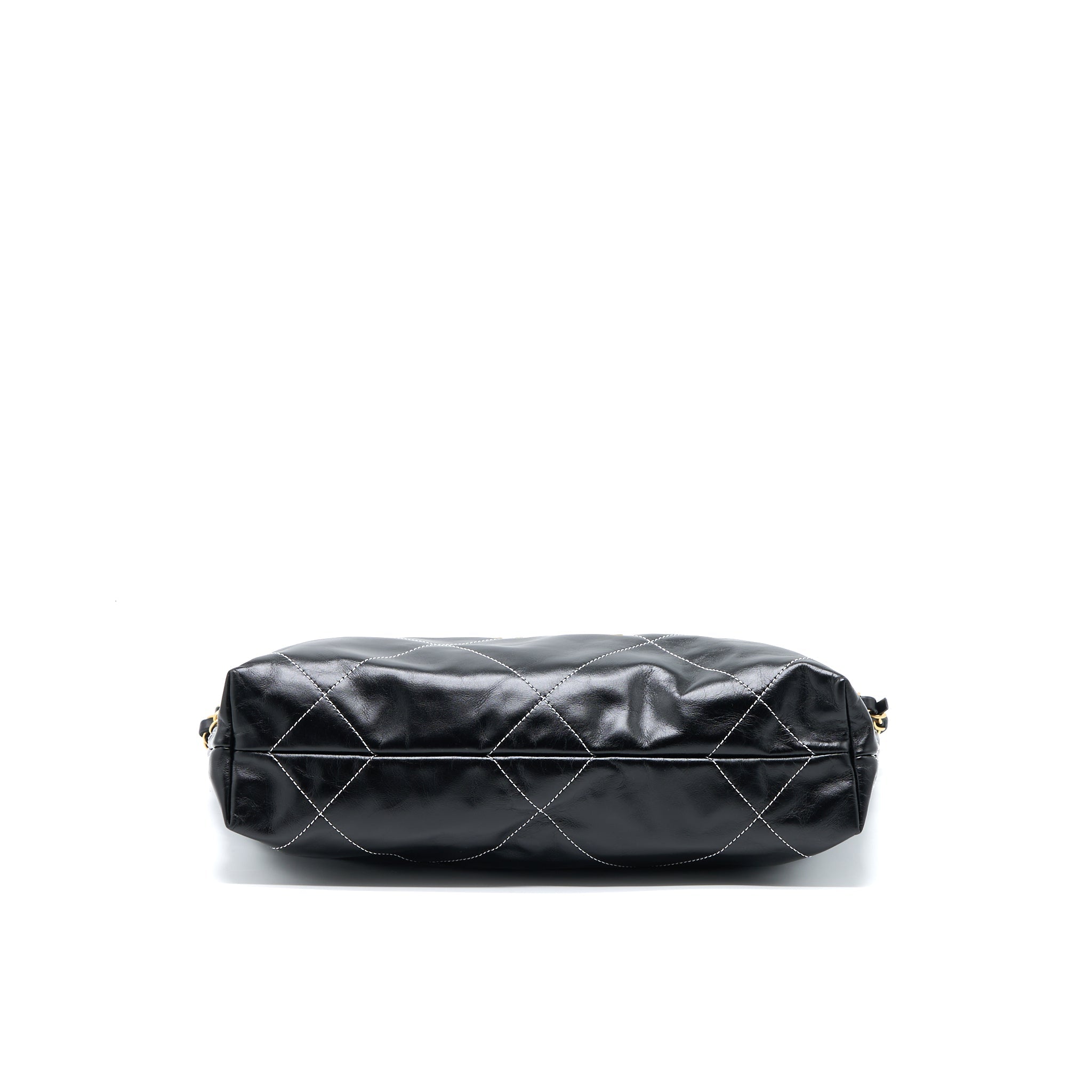 CHANEL SMALL 22 BAG GOLD LETTER SHINY CALFSKIN BLACK GHW (MICROCHIP)