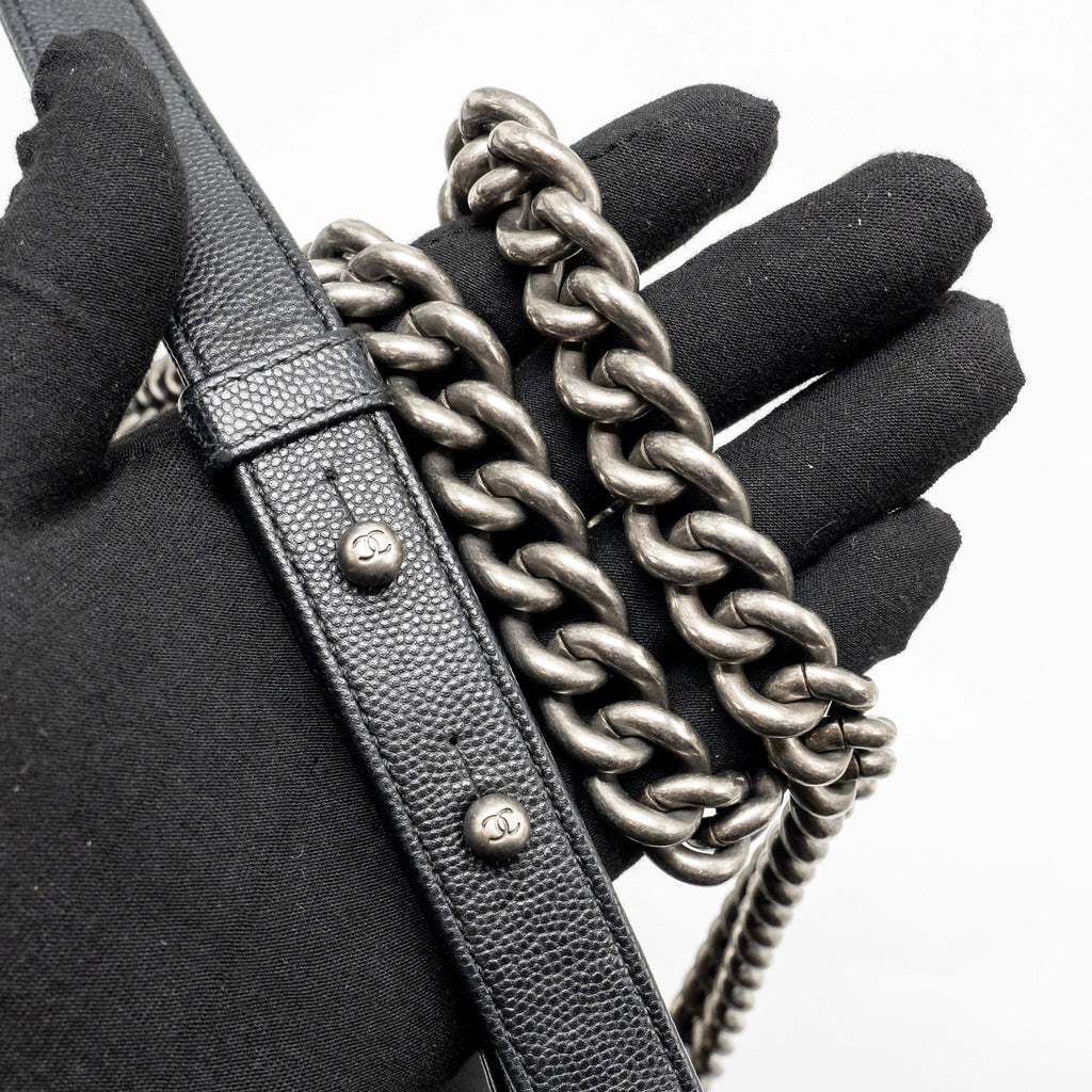 CHANEL MEDIUM BOY BAG CHEVRON CAVIAR BLACK RUTHENIUM SILVER HARDWARE