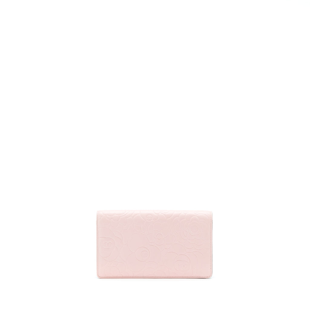 CHANEL CAMELLIA LONG WALLET LAMBSKIN LIGHT PINK/DARK BROWN SHW