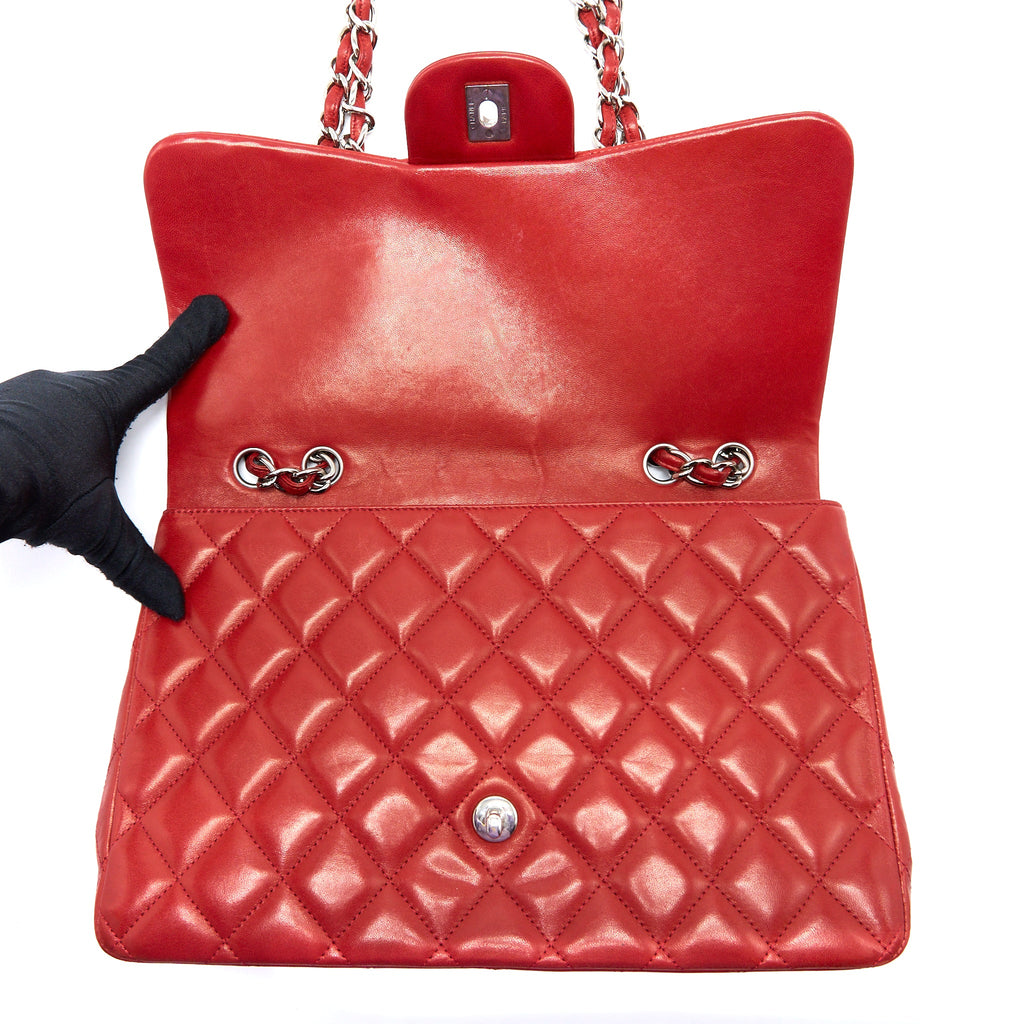 CHANEL CLASSIC JUMBO SINGLE FLAP BAG LAMBSKIN RED SHW