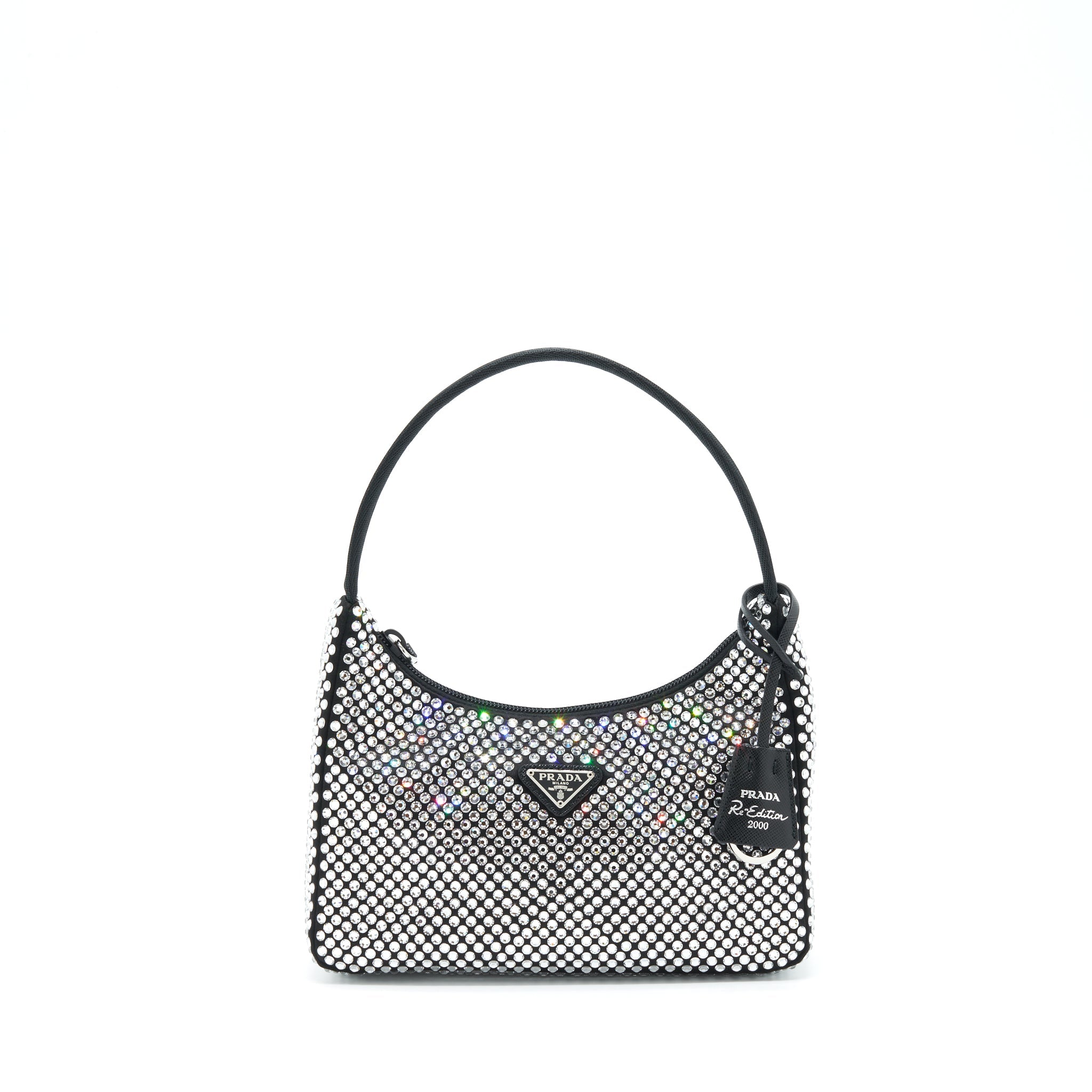 PRADA RE-EDITION 2000 CRYSTAL HOBO BAG NYLON/LEATHER BLACK SHW