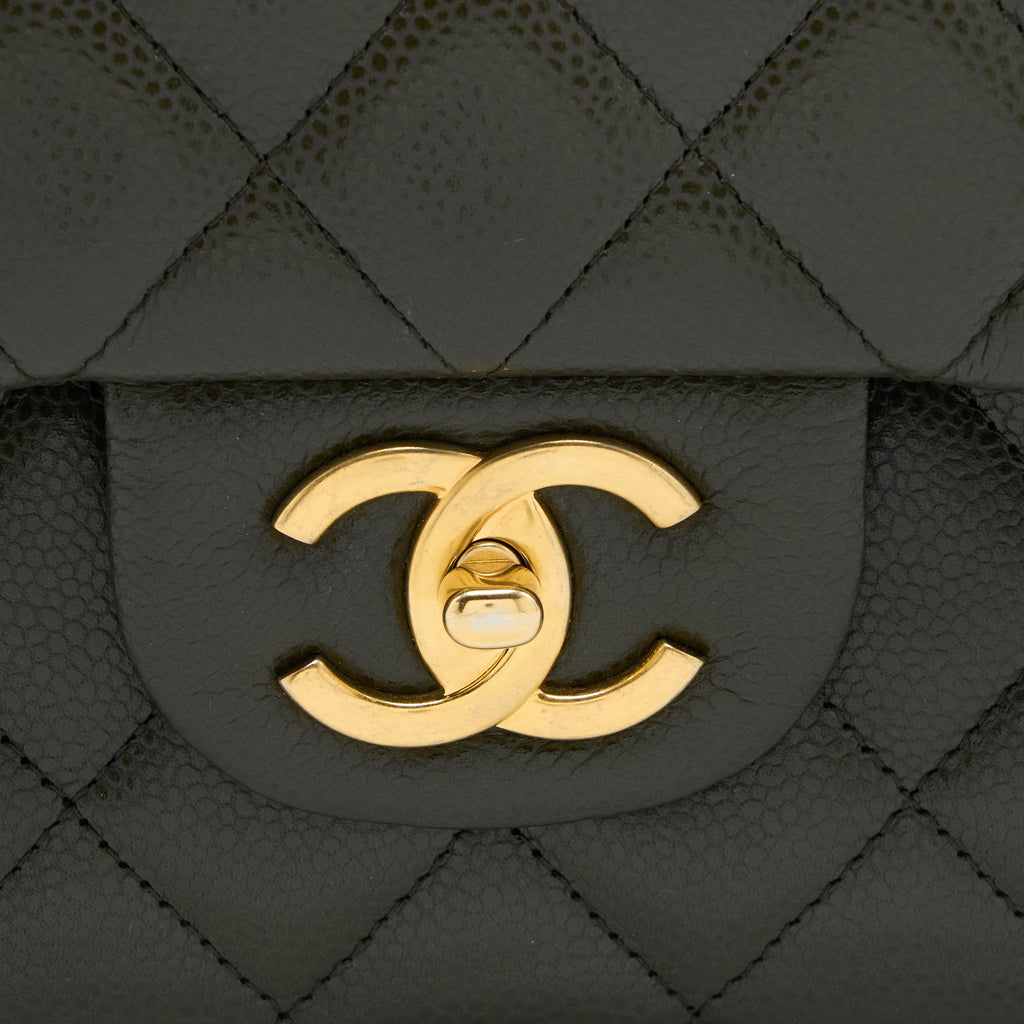 CHANEL MAXI CLASSIC DOUBLE FLAP BAG CAVIAR OLIVE GREEN BRUSHED GHW