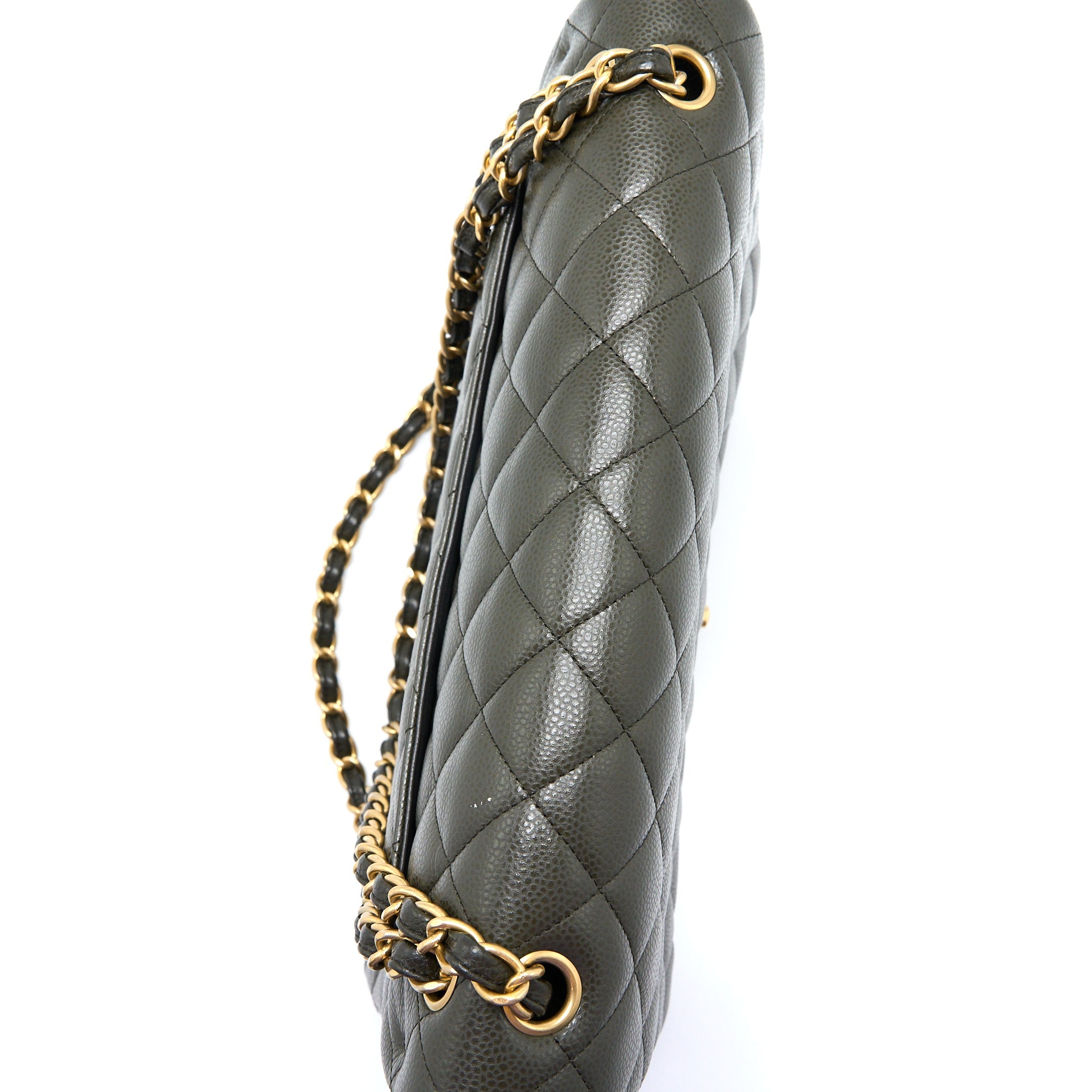 CHANEL MAXI CLASSIC DOUBLE FLAP BAG CAVIAR OLIVE GREEN BRUSHED GHW