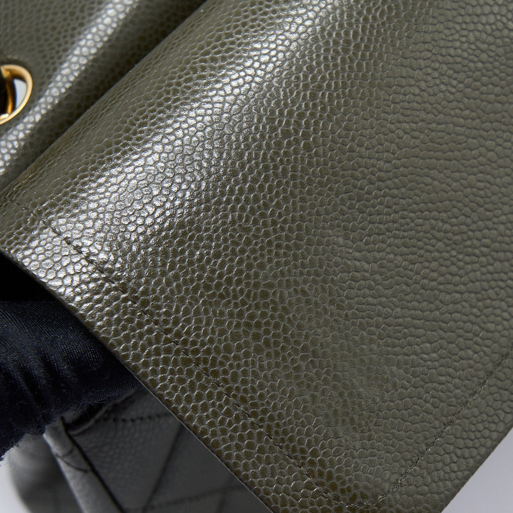 CHANEL MAXI CLASSIC DOUBLE FLAP BAG CAVIAR OLIVE GREEN BRUSHED GHW