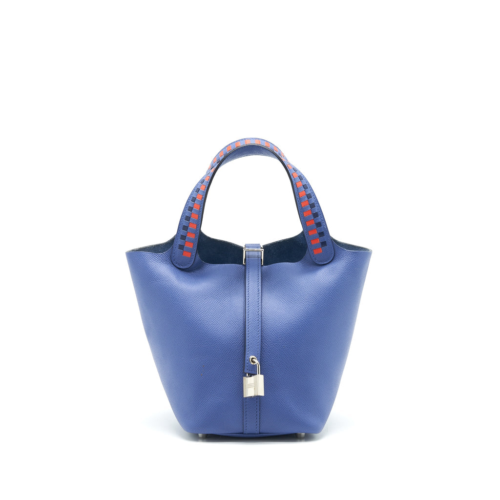 HERMES TRESSAGE DE CUIR PICOTIN 18 LOCK BAG EPSOM BLUE BRIGHTON SHW