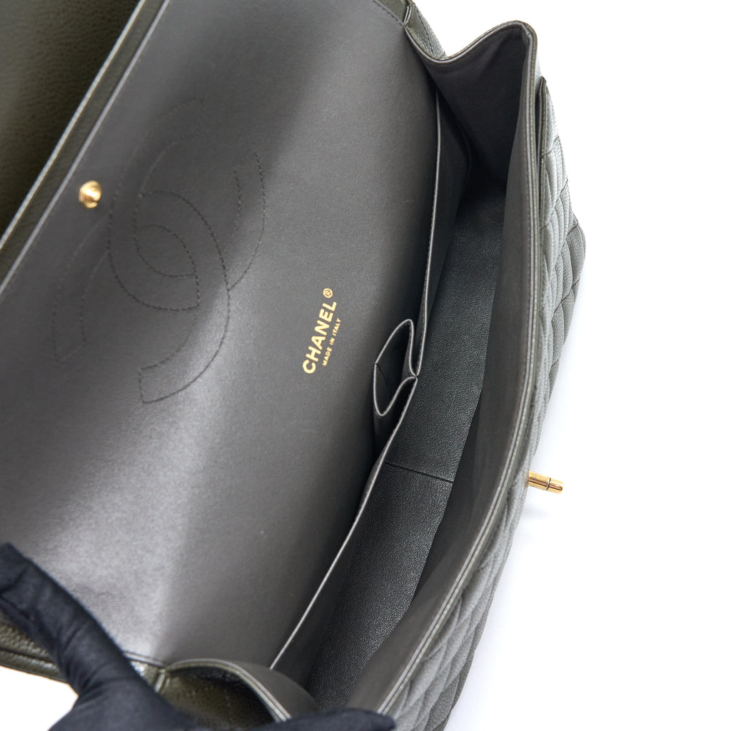 CHANEL MAXI CLASSIC DOUBLE FLAP BAG CAVIAR OLIVE GREEN BRUSHED GHW