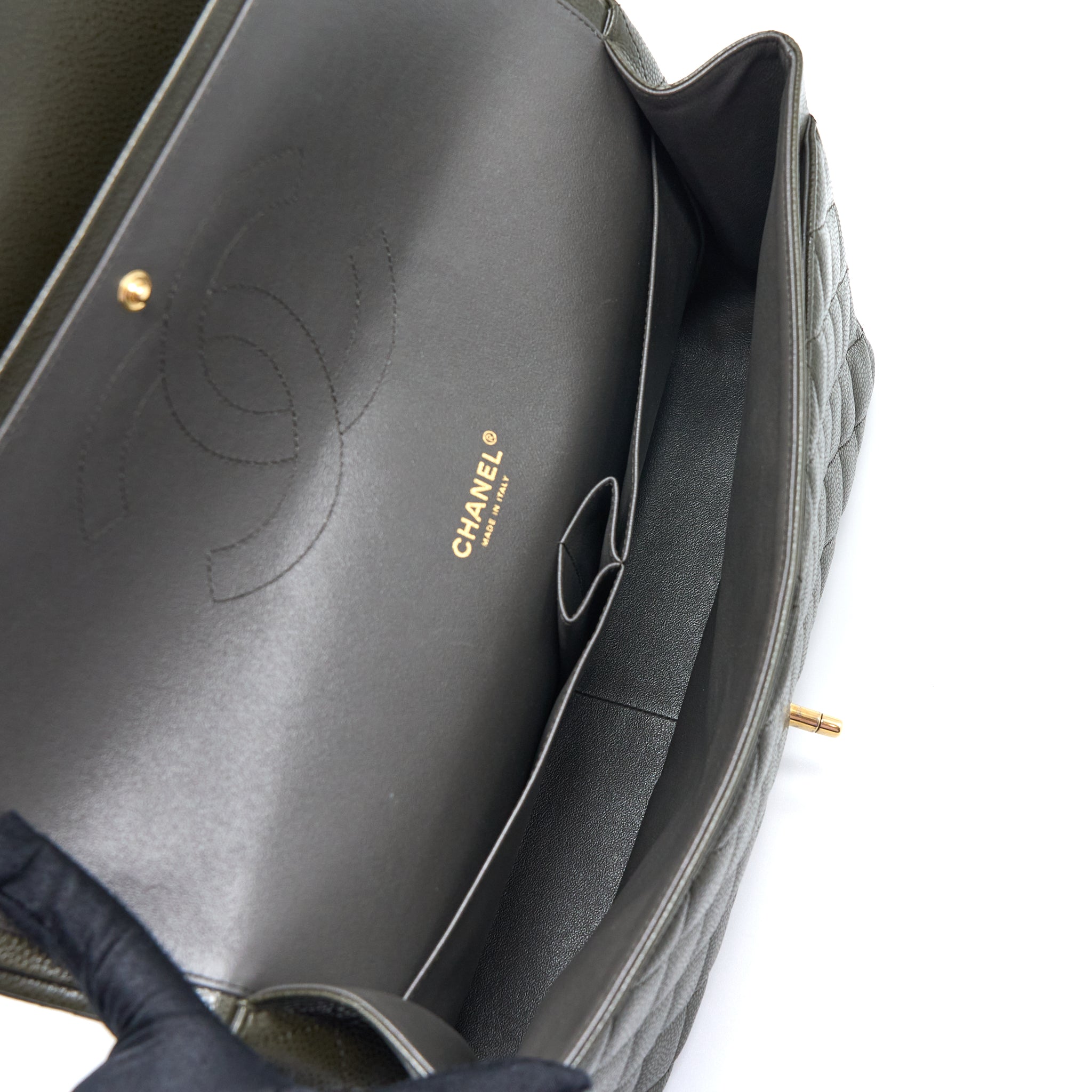 CHANEL MAXI CLASSIC DOUBLE FLAP BAG CAVIAR OLIVE GREEN BRUSHED GHW