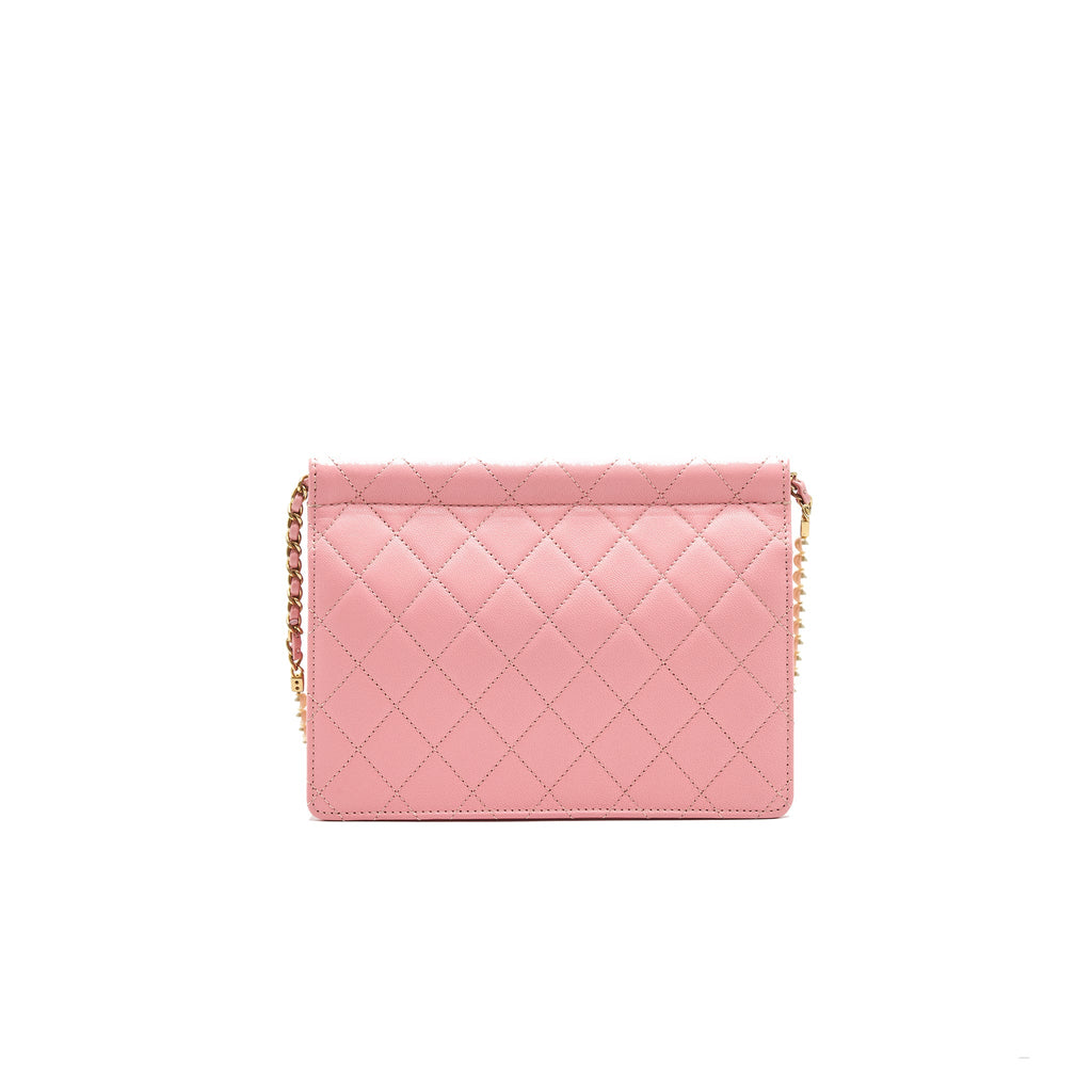 CHANEL QUILTED PEARL CHAIN GOAT SKIN FLAP BAG PINK GHW