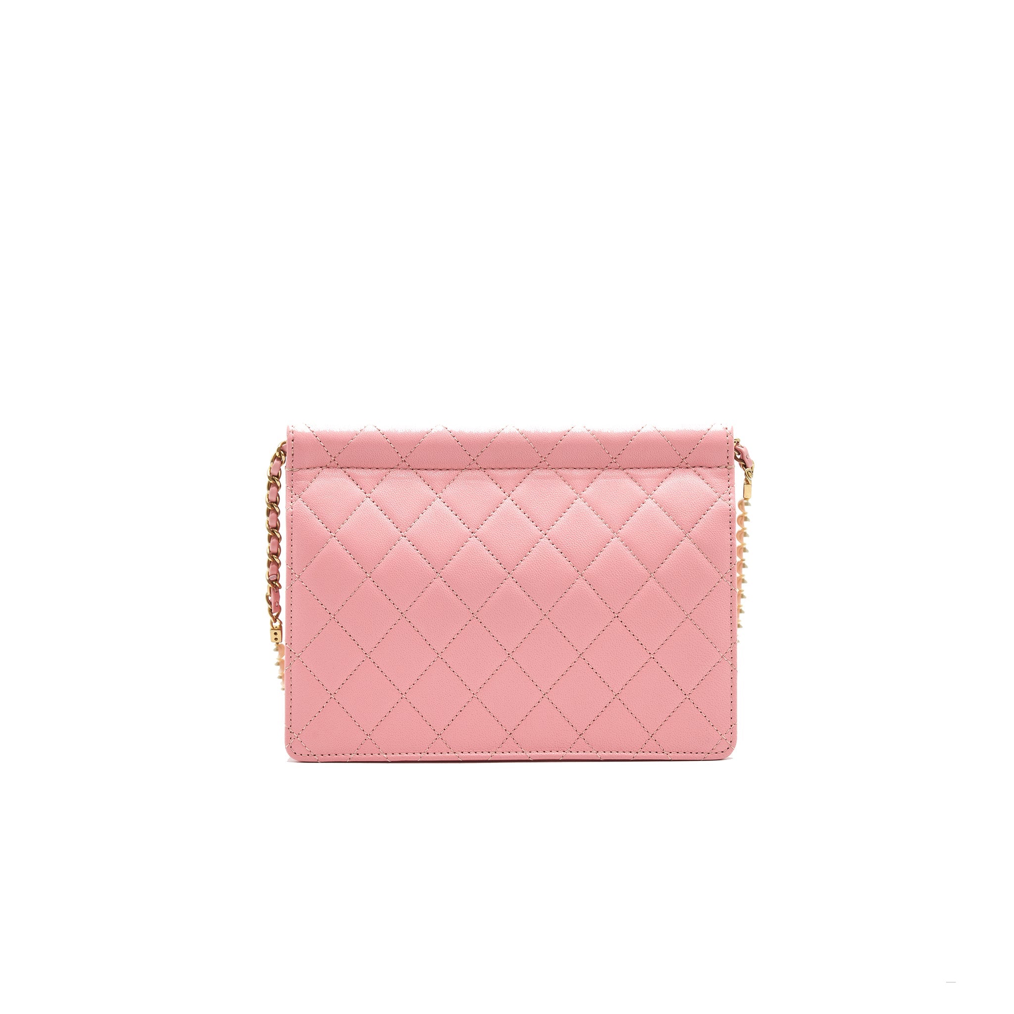 CHANEL QUILTED PEARL CHAIN GOAT SKIN FLAP BAG PINK GHW
