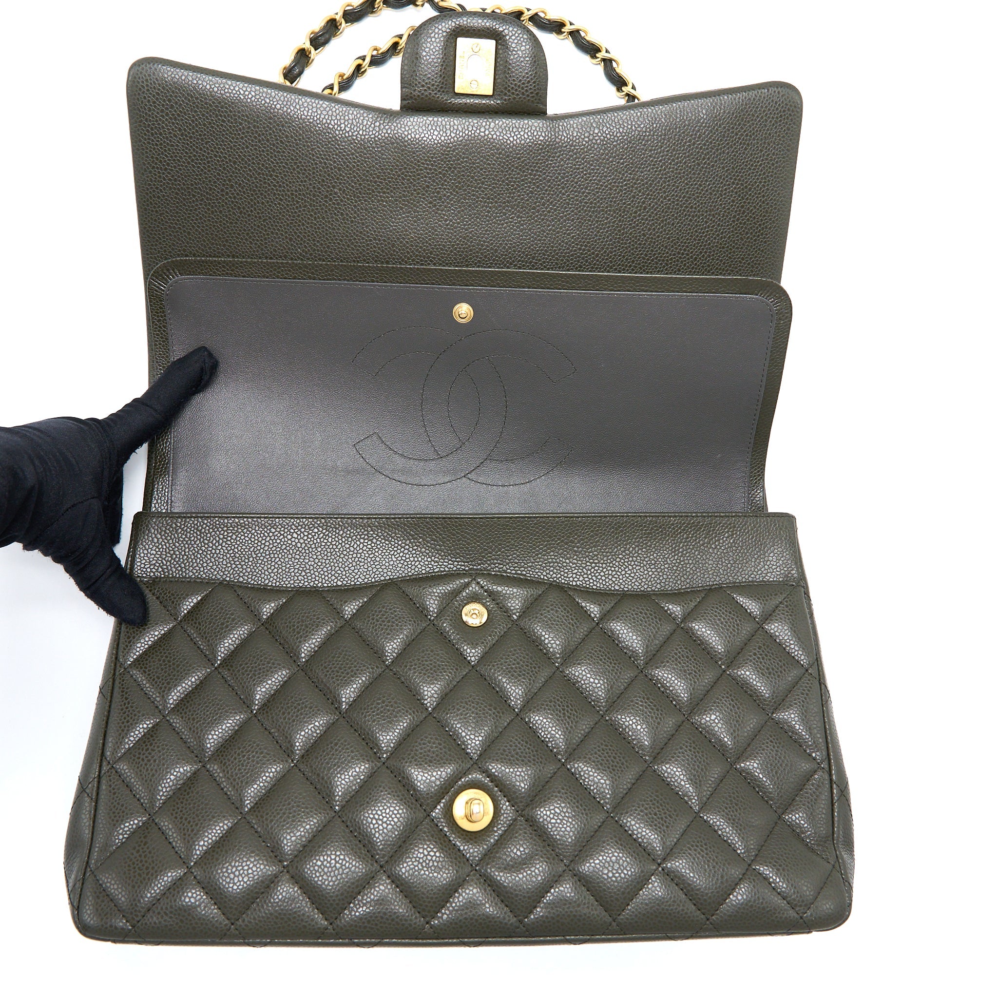 CHANEL MAXI CLASSIC DOUBLE FLAP BAG CAVIAR OLIVE GREEN BRUSHED GHW
