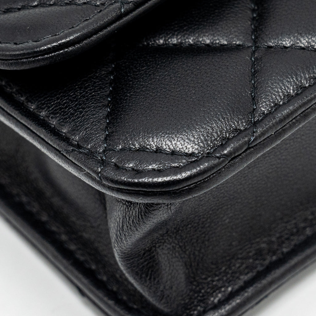 CHANEL PEARL CRUSH MINI FLAP WALLET WITH CHAIN LAMBSKIN BLACK GHW (MICROCHIP)