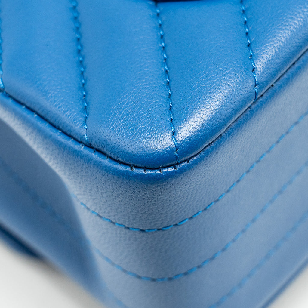 CHANEL MINI RECTANGULAR FLAP BAG CHEVRON LAMBSKIN BLUE LGHW