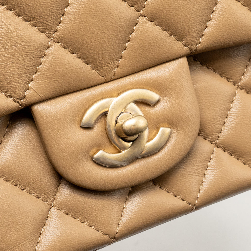 CHANEL TOP HANDLE MINI RECTANGULAR LAMBSKIN DARK BEIGE GHW (MICROCHIP)