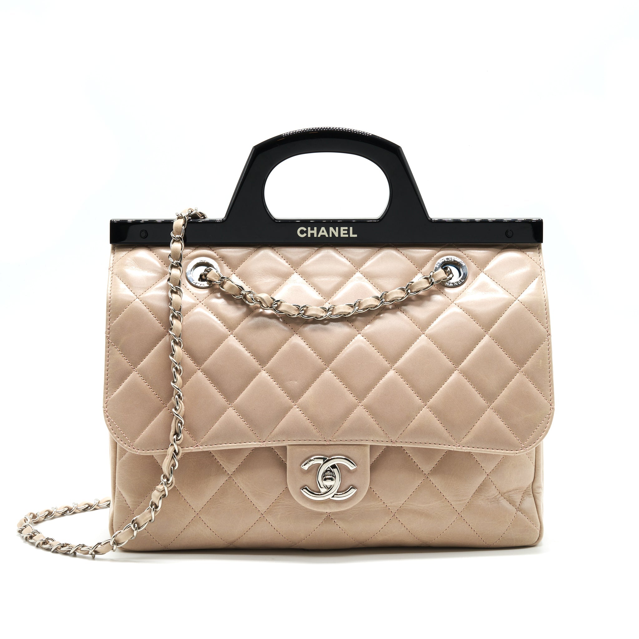 CHANEL TOP HANDLE FLAP BAG WITH CHAIN BEIGE/ BLACK SERIAL20