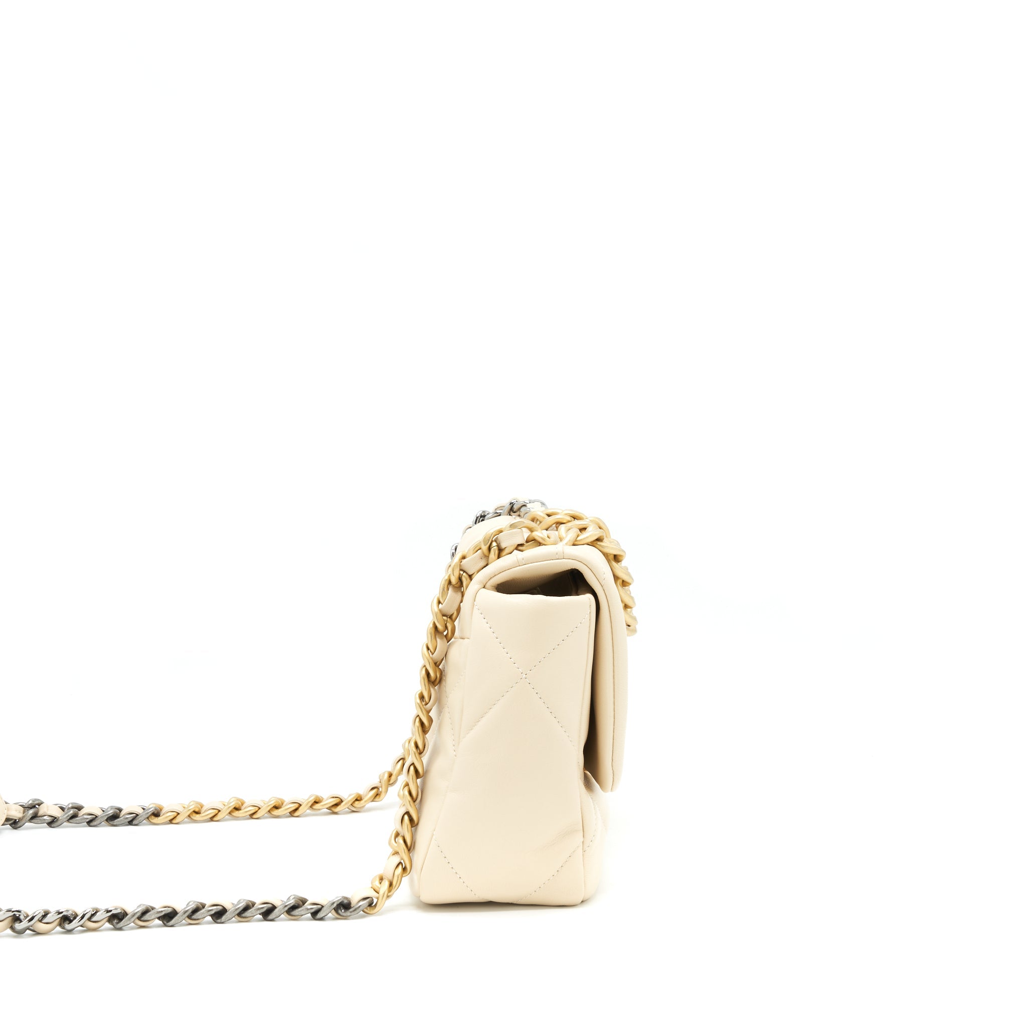 CHANEL SMALL 19 BAG 19K SHINY GOATSKIN BEIGE GHW