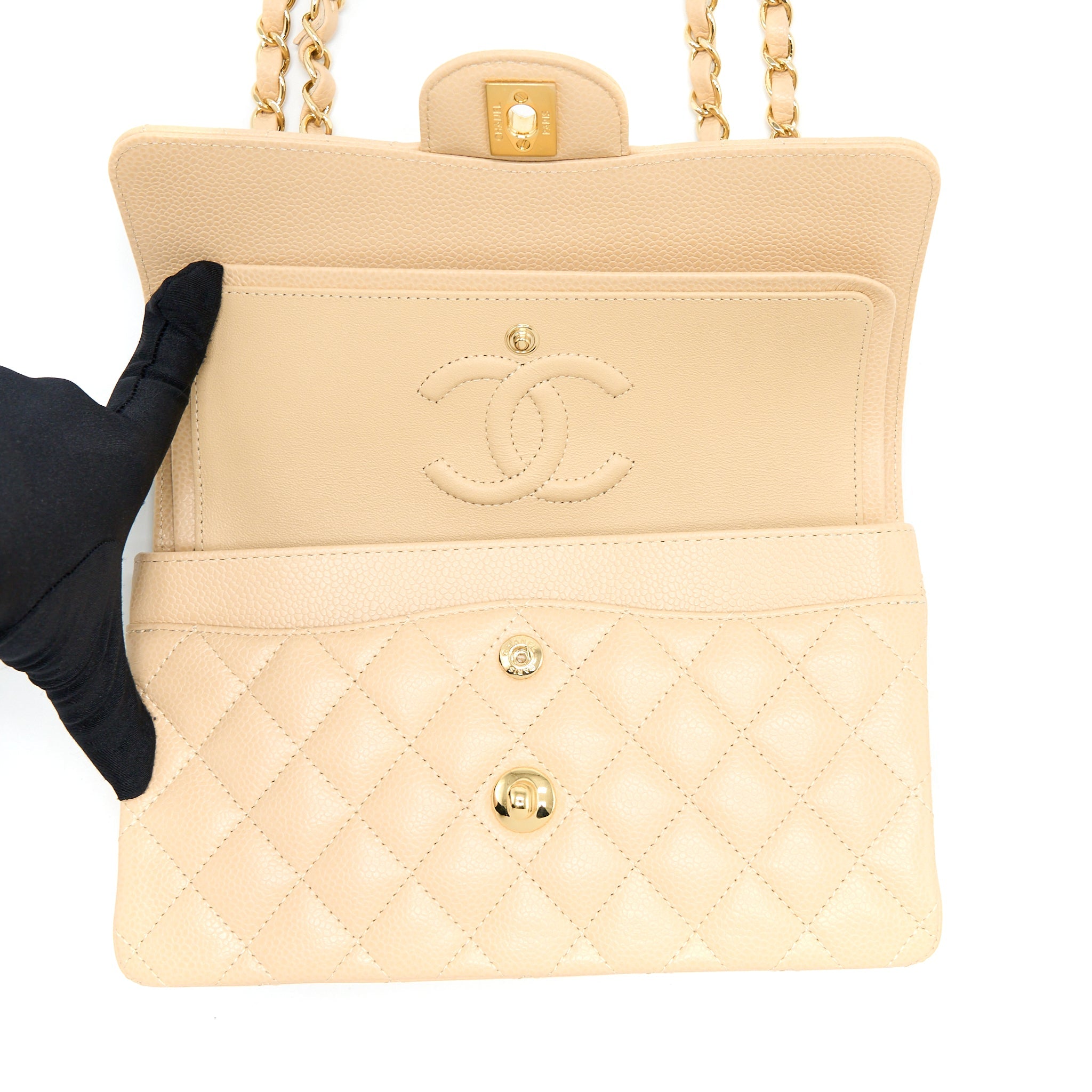 CHANEL SMALL CLASSIC DOUBLE FLAP BAG CAVIAR BEIGE GHW(MICROCHIP)