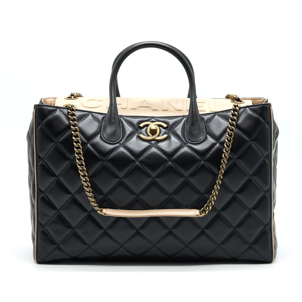 CHANEL CALFSKIN LEATHER SHOPPING BAG BLACK/BEIGE
