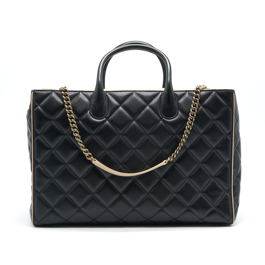 CHANEL CALFSKIN LEATHER SHOPPING BAG BLACK/BEIGE