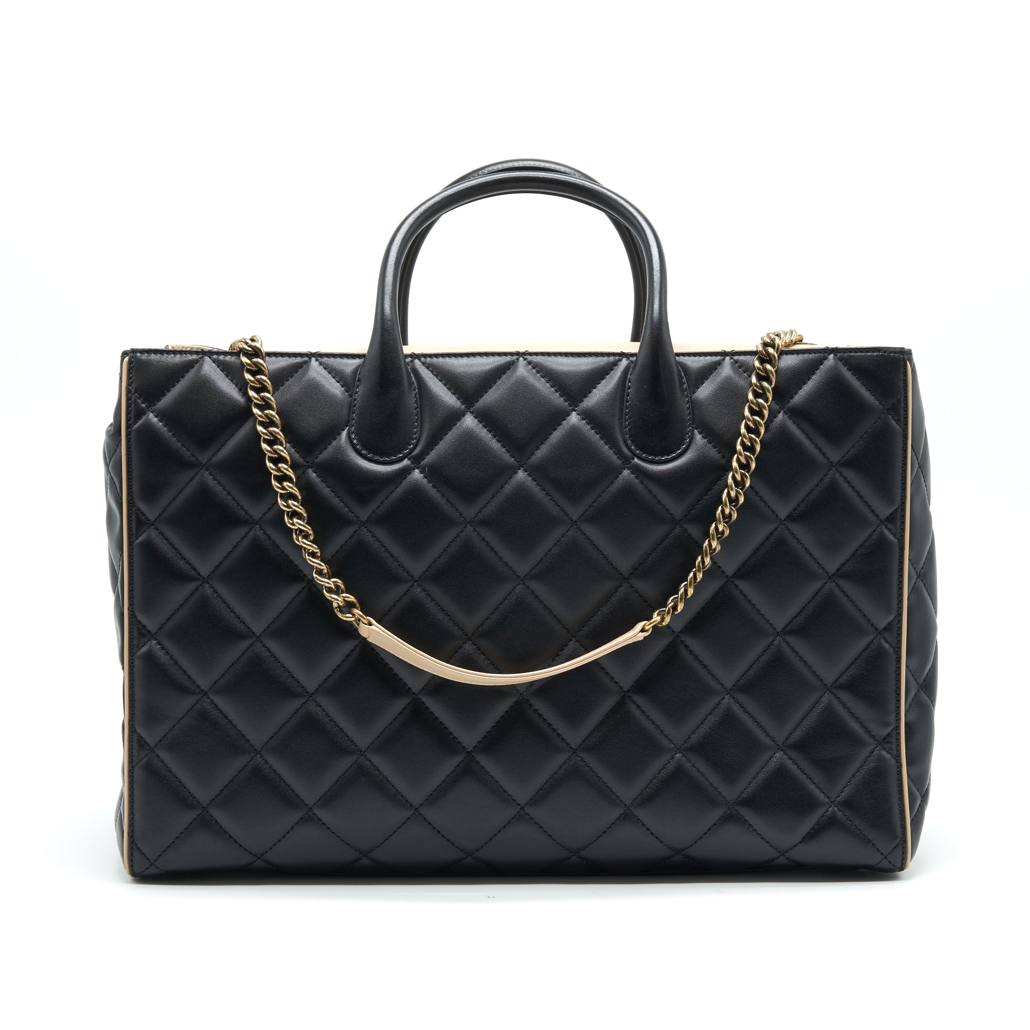 CHANEL CALFSKIN LEATHER SHOPPING BAG BLACK/BEIGE
