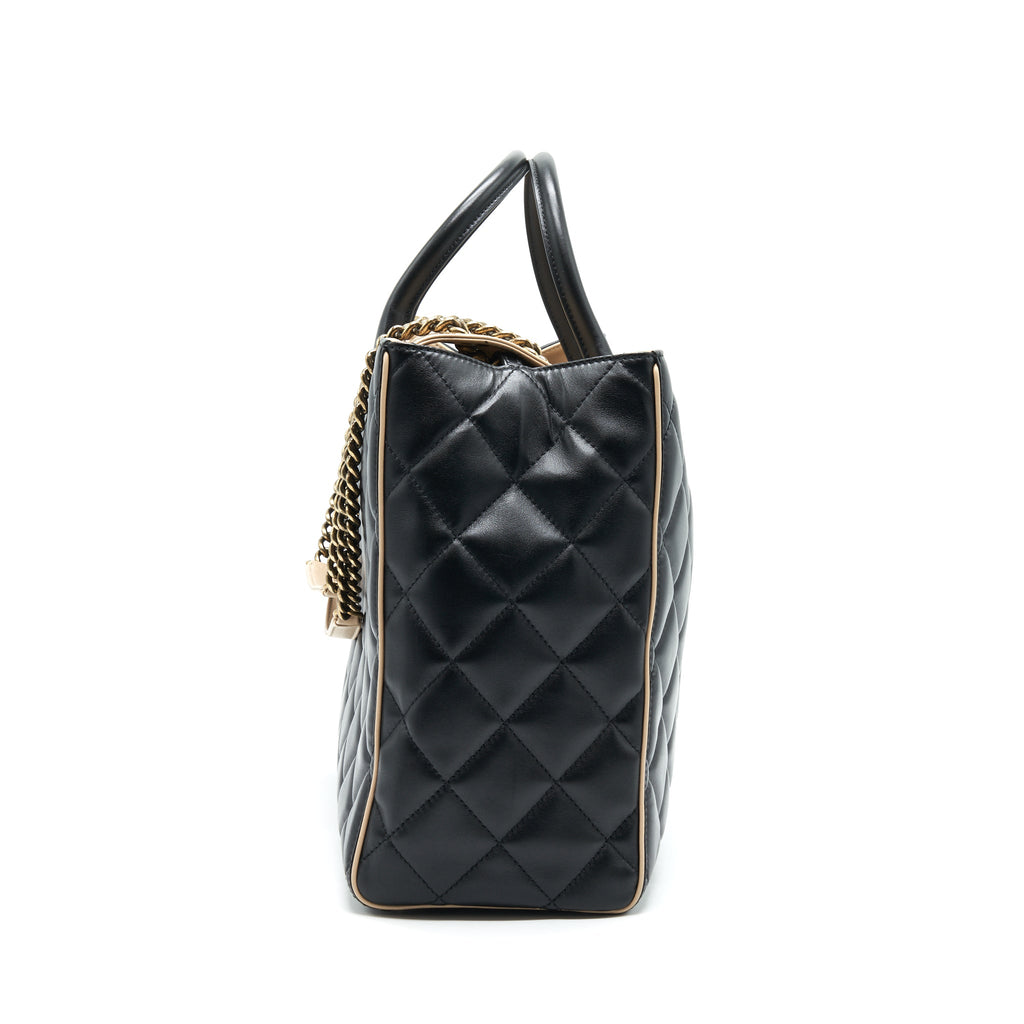 CHANEL CALFSKIN LEATHER SHOPPING BAG BLACK/BEIGE