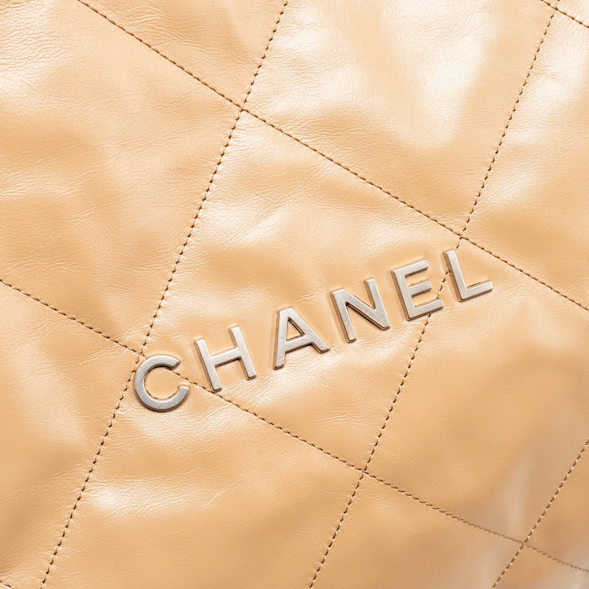 CHANEL LARGE 22 BAG SHINY CALFSKIN DARK BEIGE SHW (MICROCHIP)