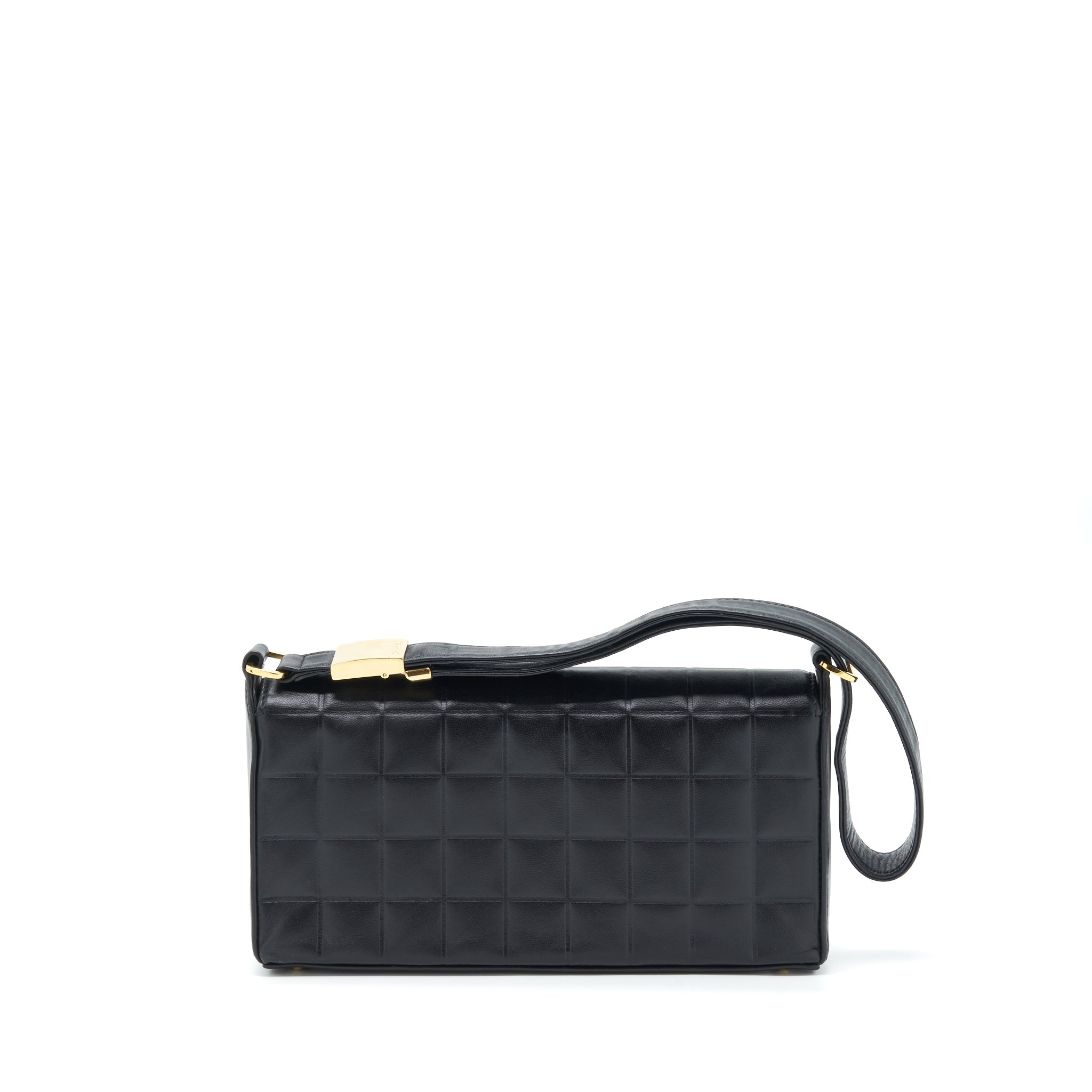 CHANEL VINTAGE CHOCOLATE BAR FLAP SHOULDER BAG LAMBSKIN BLACK GHW
