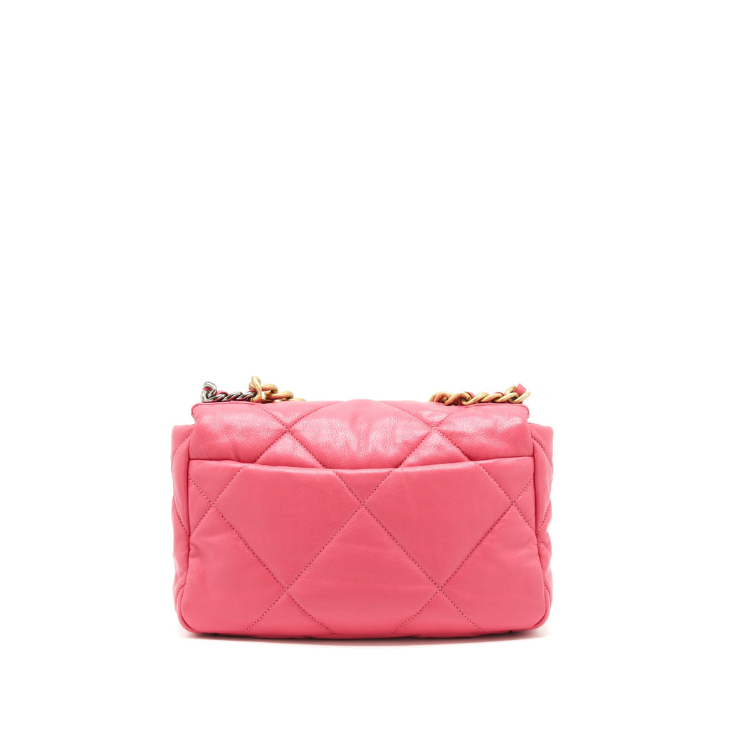 CHANEL SMALL 19 FLAP BAG GOATSKIN PINK WITH GOLD/SILVER HARDWARE