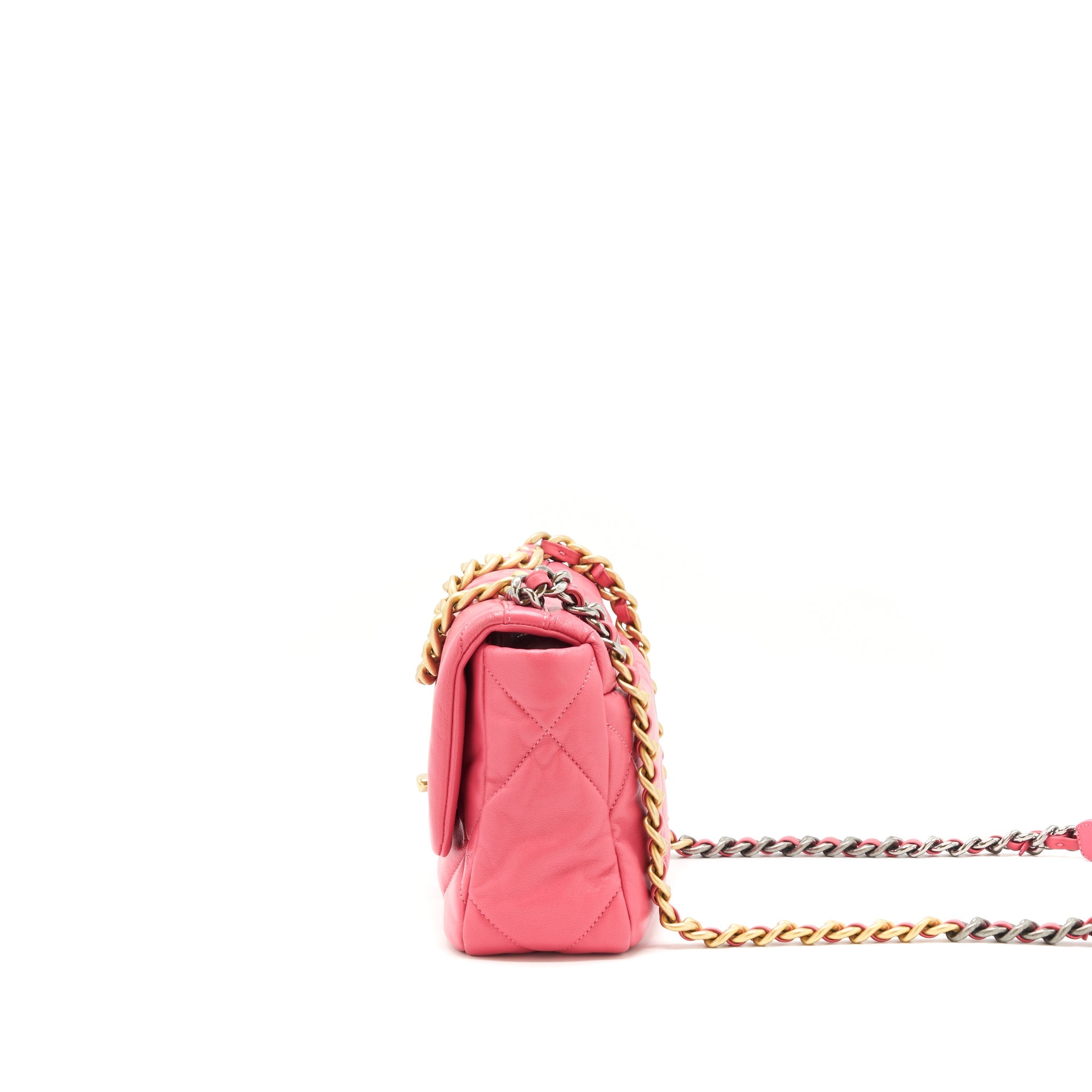 CHANEL SMALL 19 FLAP BAG GOATSKIN PINK WITH GOLD/SILVER HARDWARE