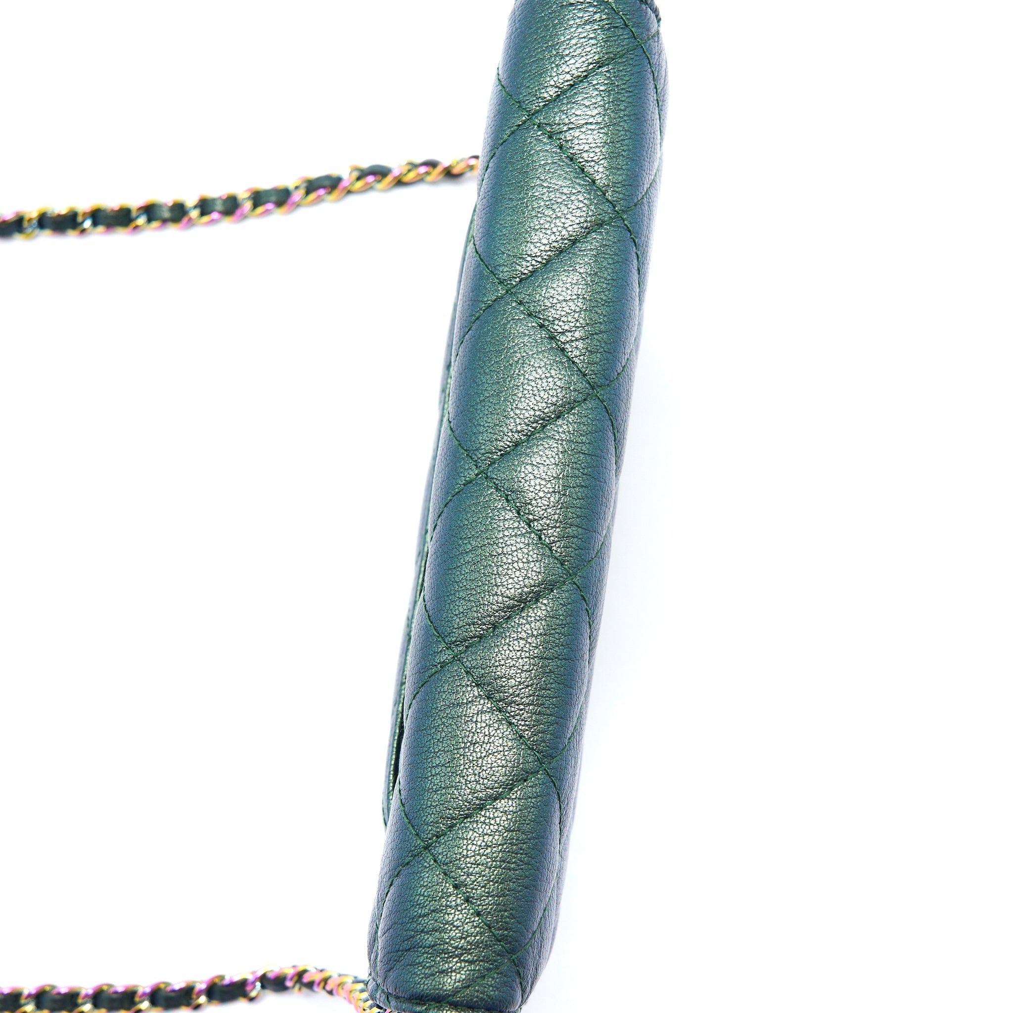 CHANEL CLASSIC WALLET ON CHAIN GOATSKIN IRIDESCENT GREEN RAINBOW HARDWARE