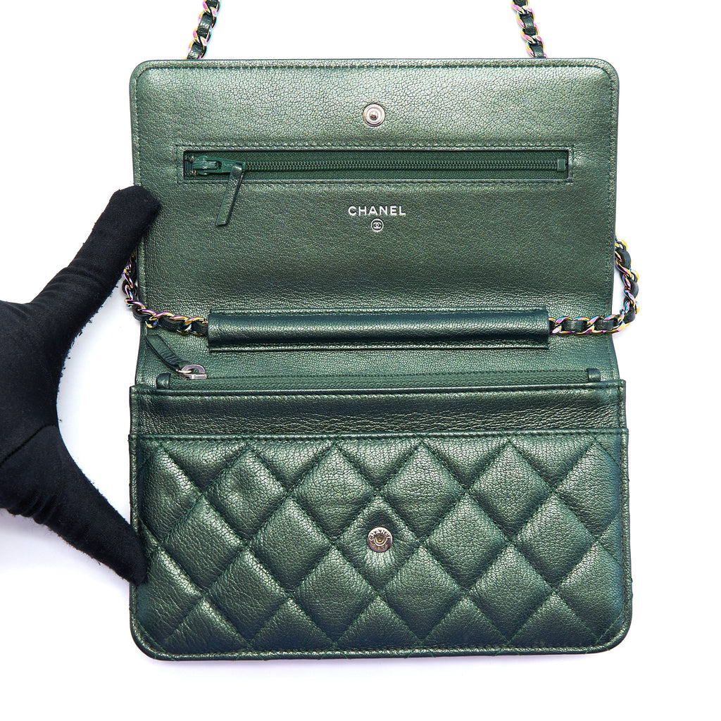 CHANEL CLASSIC WALLET ON CHAIN GOATSKIN IRIDESCENT GREEN RAINBOW HARDWARE