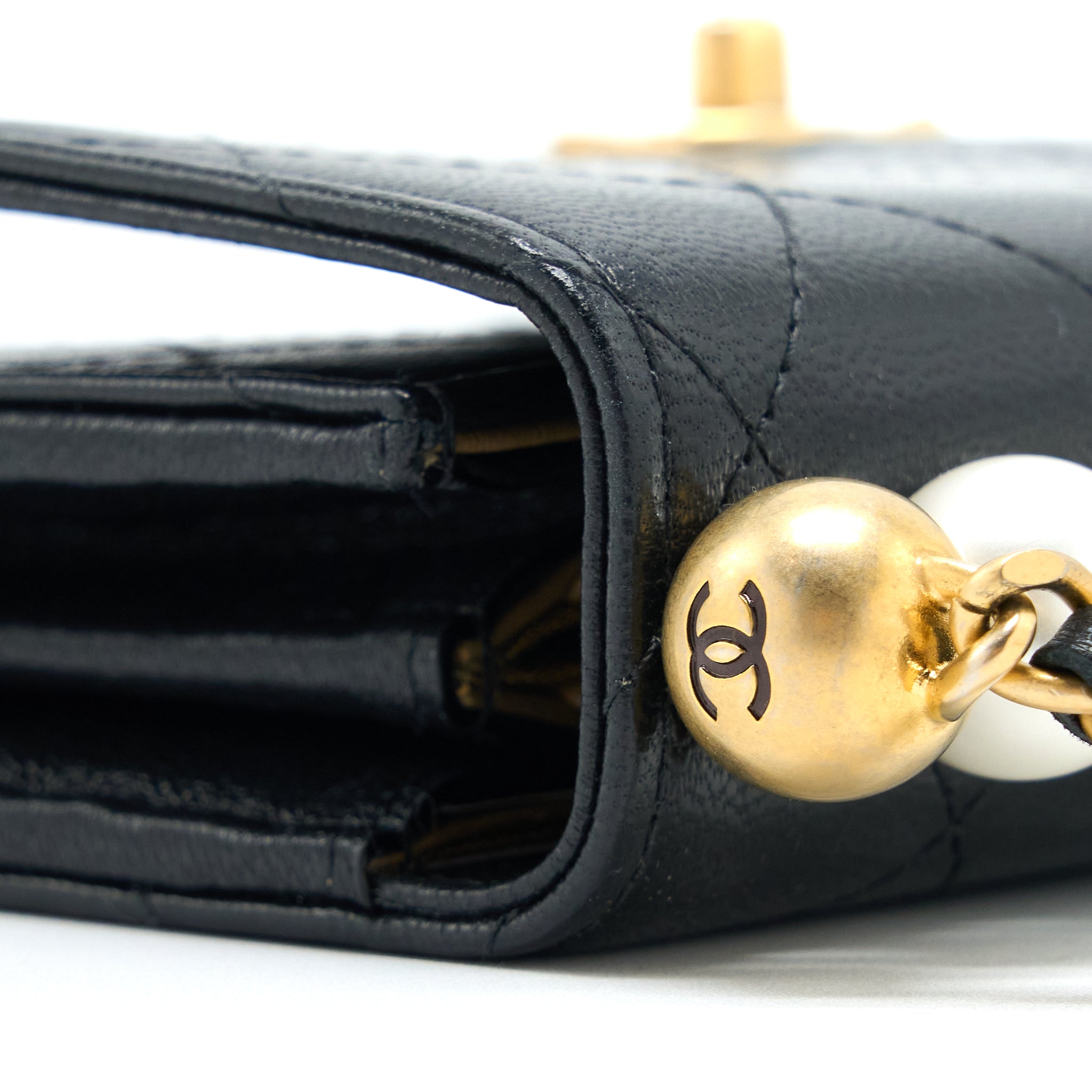 CHANEL PEARL FLAP WALLET ON CHAIN GOATSKIN BLACK GHW