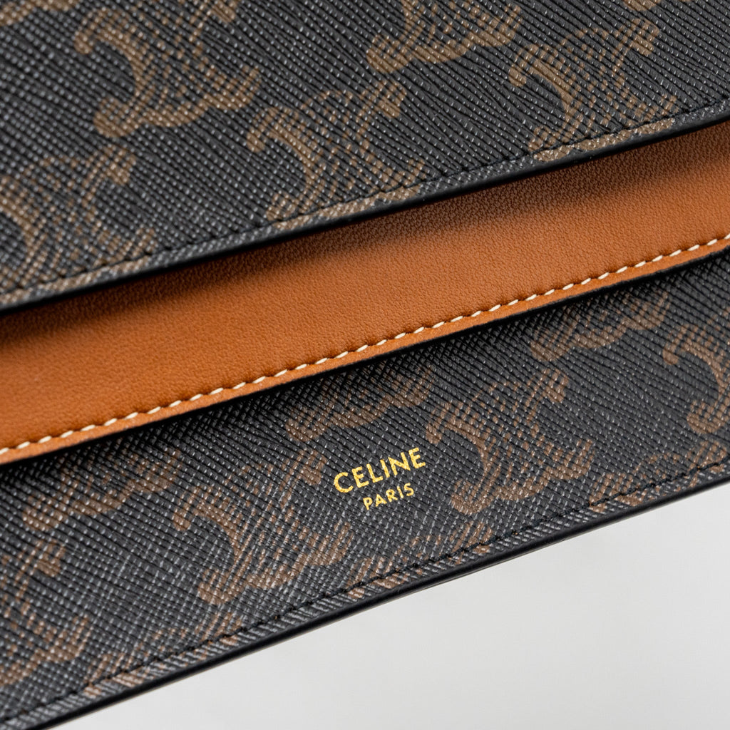 CELINE WALLET ON STRAP TRIOMPHE CANVAS / LEATHER TAN GHW
