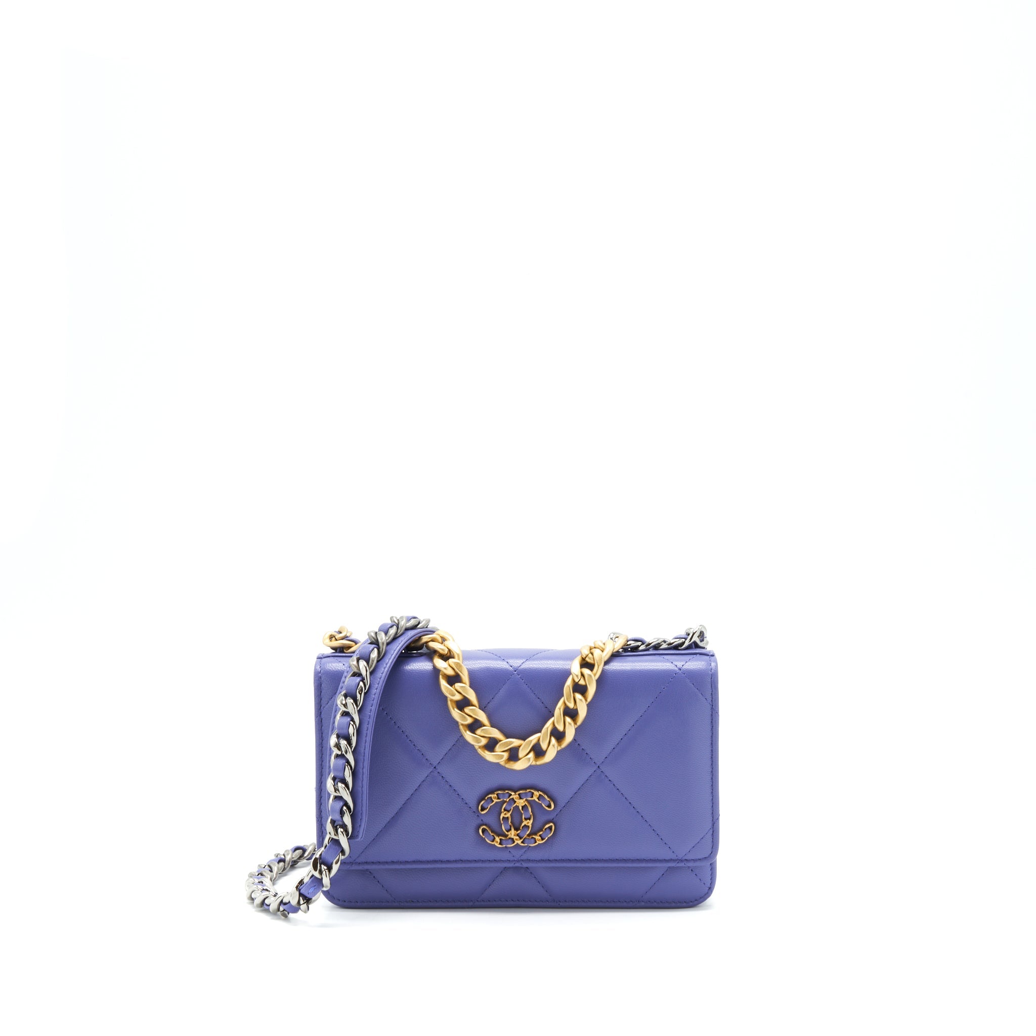 CHANEL 19 WALLET ON CHAIN LAMBSKIN PURPLE WITH GOLD/SILVER HARDWARE
