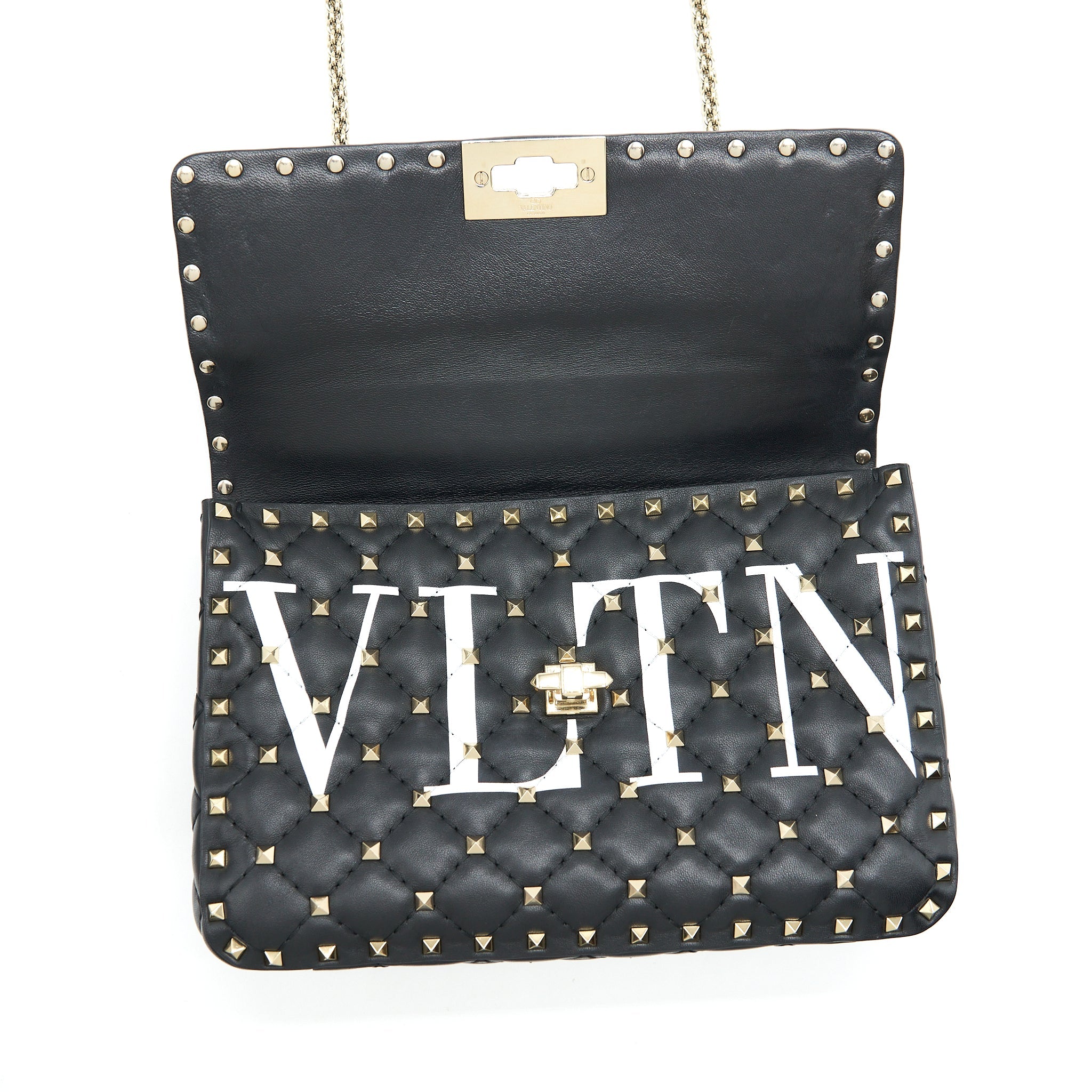 VALENTINO GARAVANI MEDIUM ROCKSTUD SPIKE SHOULDER BLACK LETTER PRINT LGHW