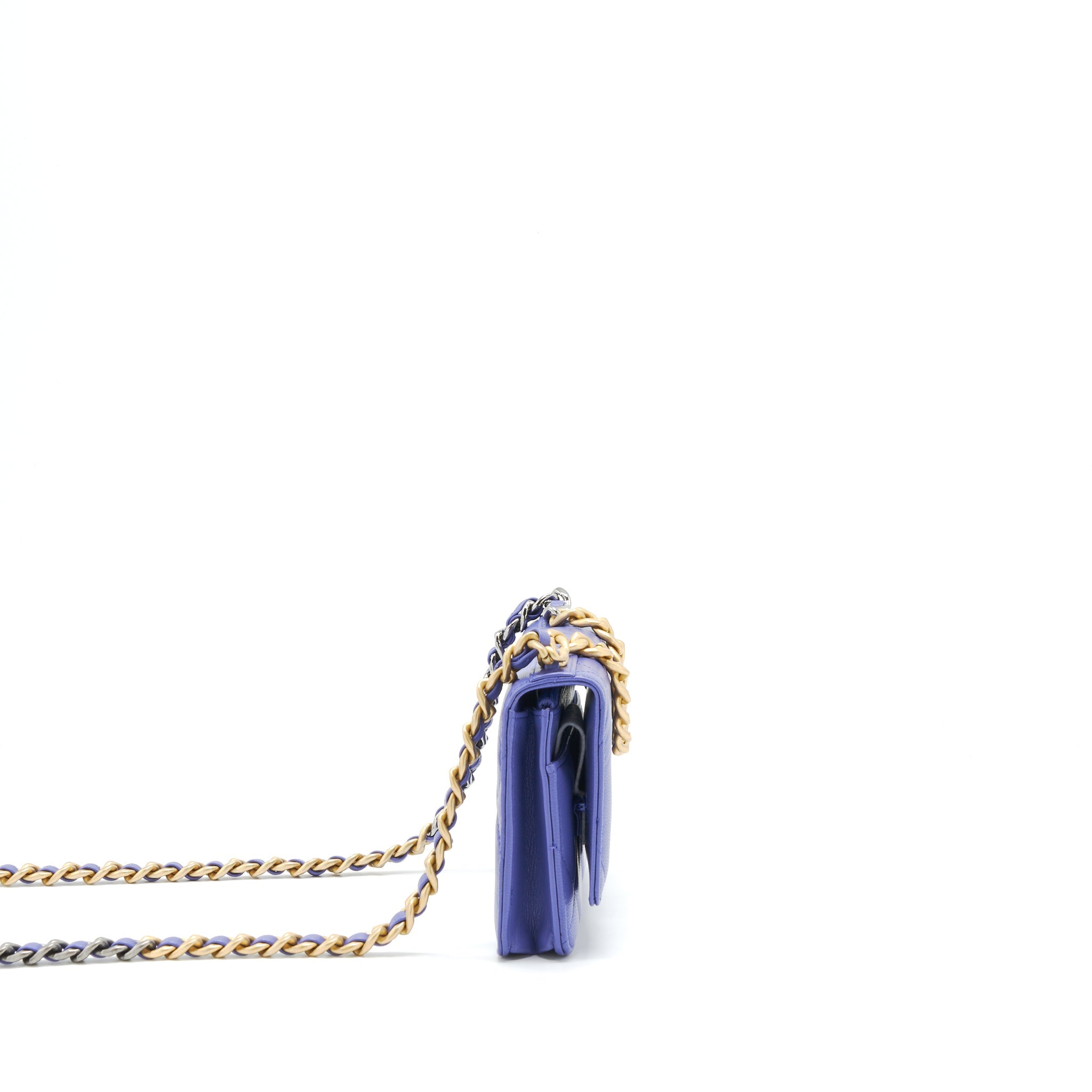 CHANEL 19 WALLET ON CHAIN LAMBSKIN PURPLE WITH GOLD/SILVER HARDWARE