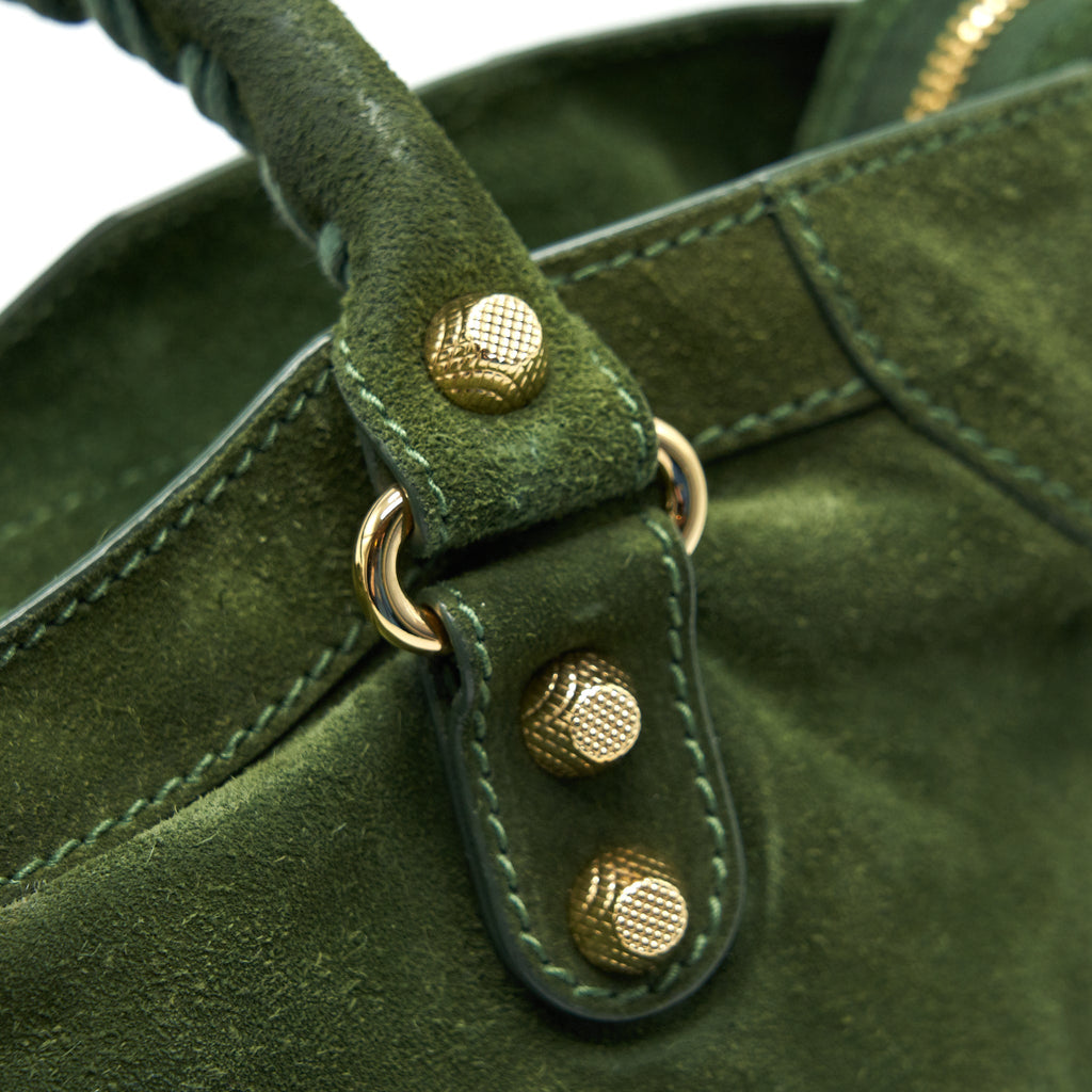 BALENCIAGA GIANT CITY BAG IN SUEDE GREEN GHW