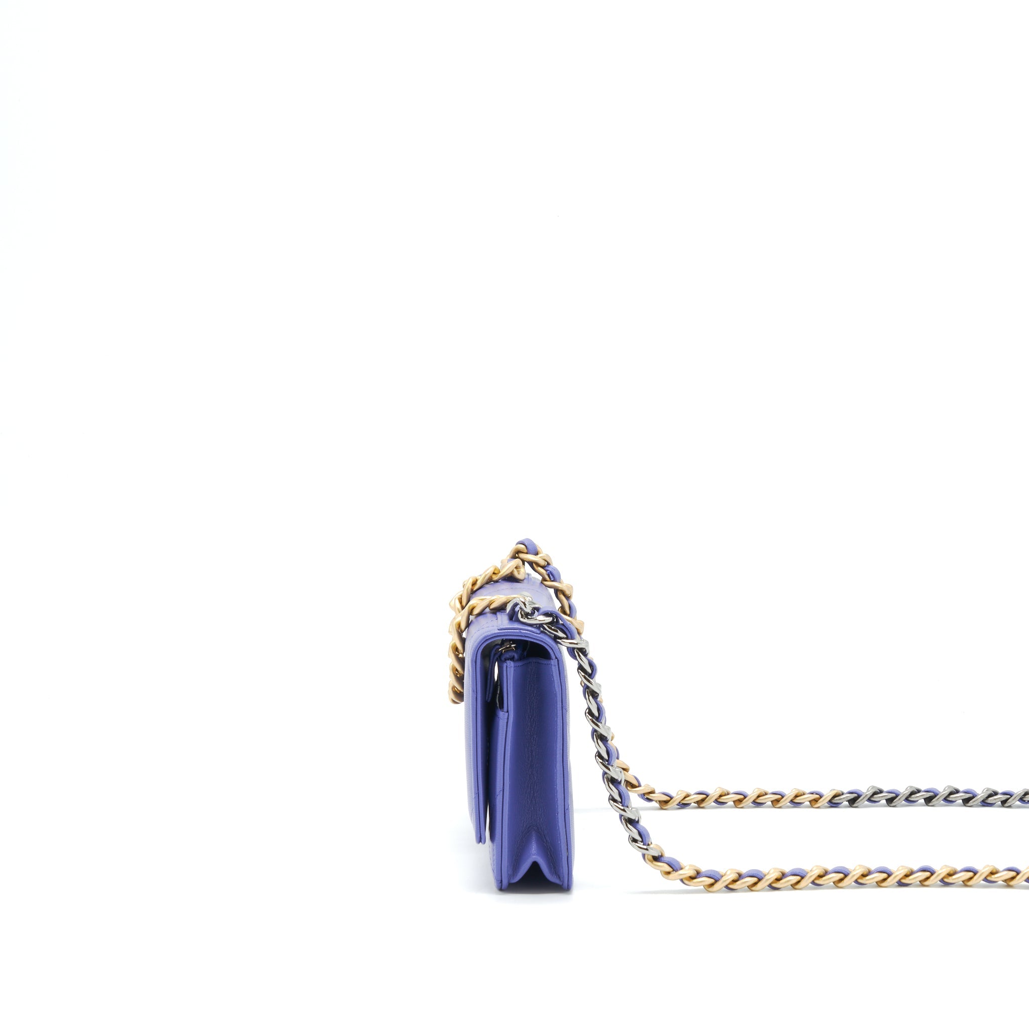 CHANEL 19 WALLET ON CHAIN LAMBSKIN PURPLE WITH GOLD/SILVER HARDWARE