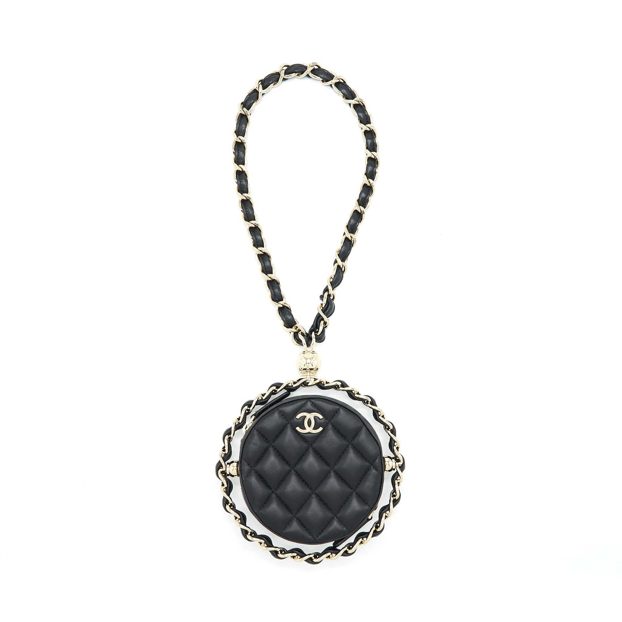 CHANEL ROUND CLUTCH WITH CHAIN LAMBSKIN BLACK LGHW