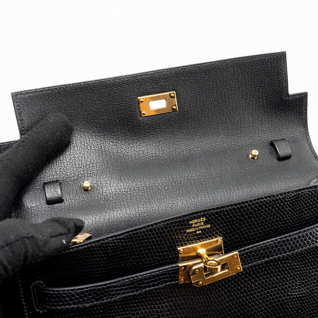 HERMES KELLY TO GO LIZARD NILOTICUS LISSE BLACK GHW