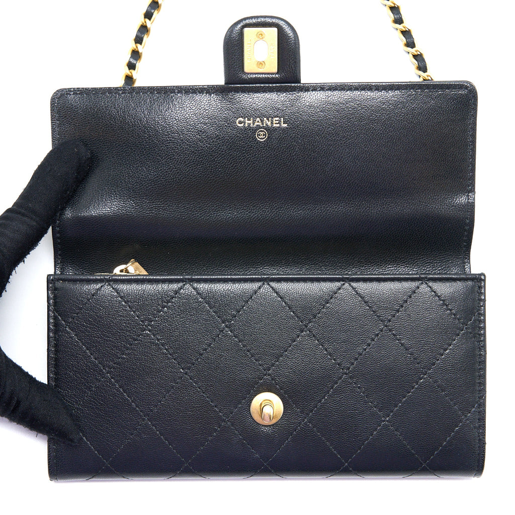 CHANEL PEARL FLAP WALLET ON CHAIN GOATSKIN BLACK GHW
