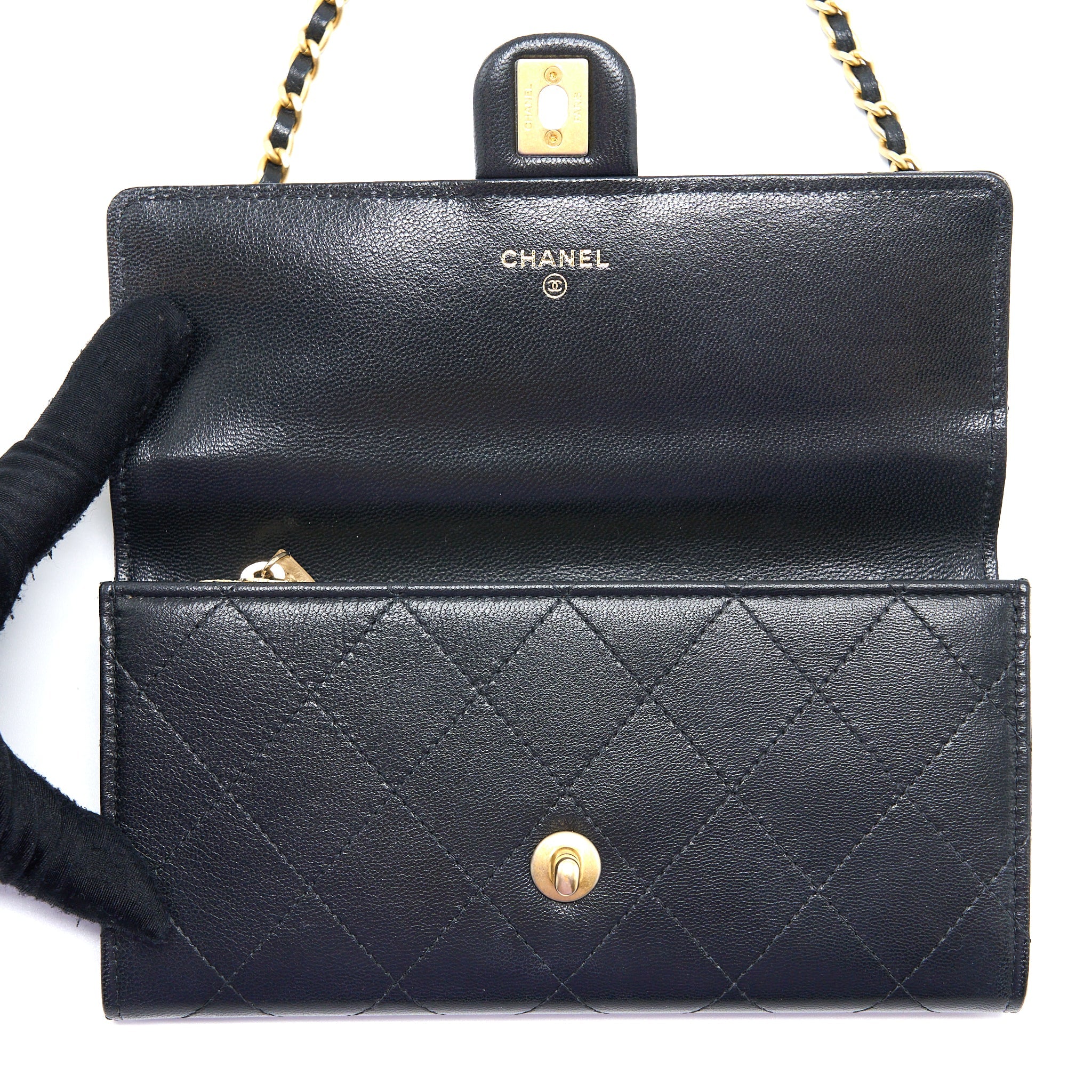 CHANEL PEARL FLAP WALLET ON CHAIN GOATSKIN BLACK GHW