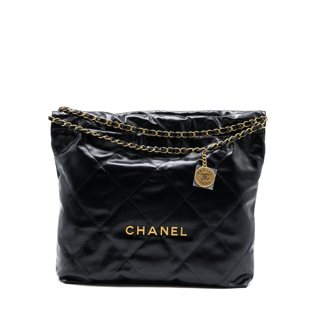 CHANEL MEDIUM 22 BAG GOLD LETTER SHINY CALFSKIN BLACK GHW (MICROCHIP)