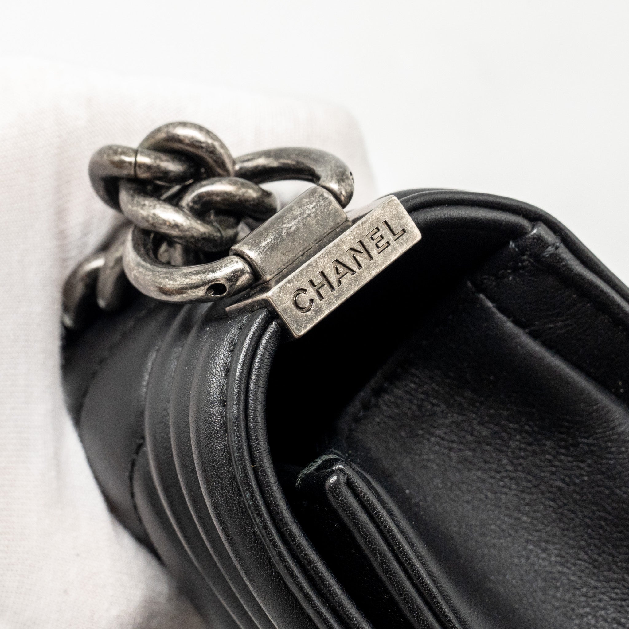 CHANEL SMALL BOY BAG LAMBSKIN BLACK RUTHENIUM SHW
