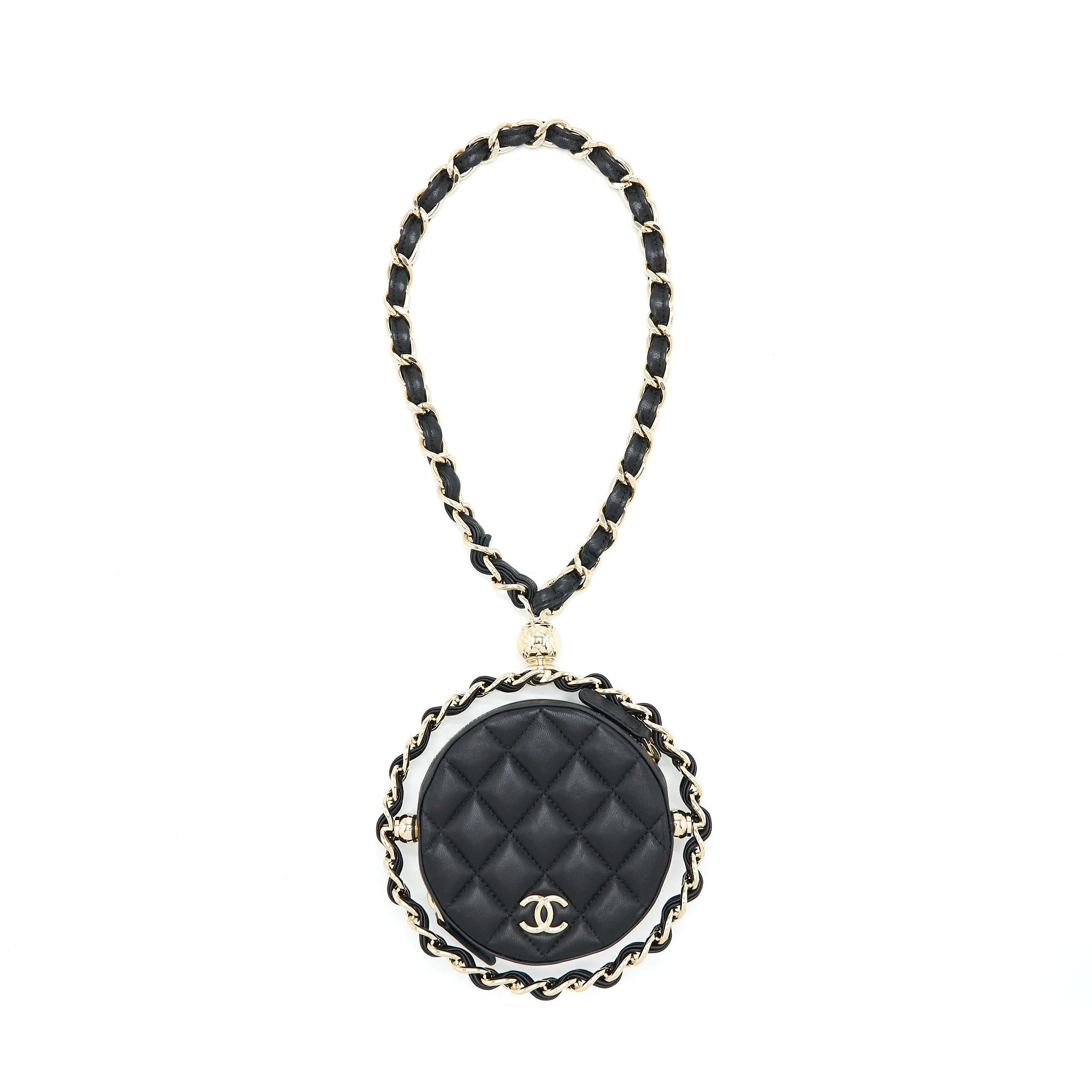 CHANEL ROUND CLUTCH WITH CHAIN LAMBSKIN BLACK LGHW