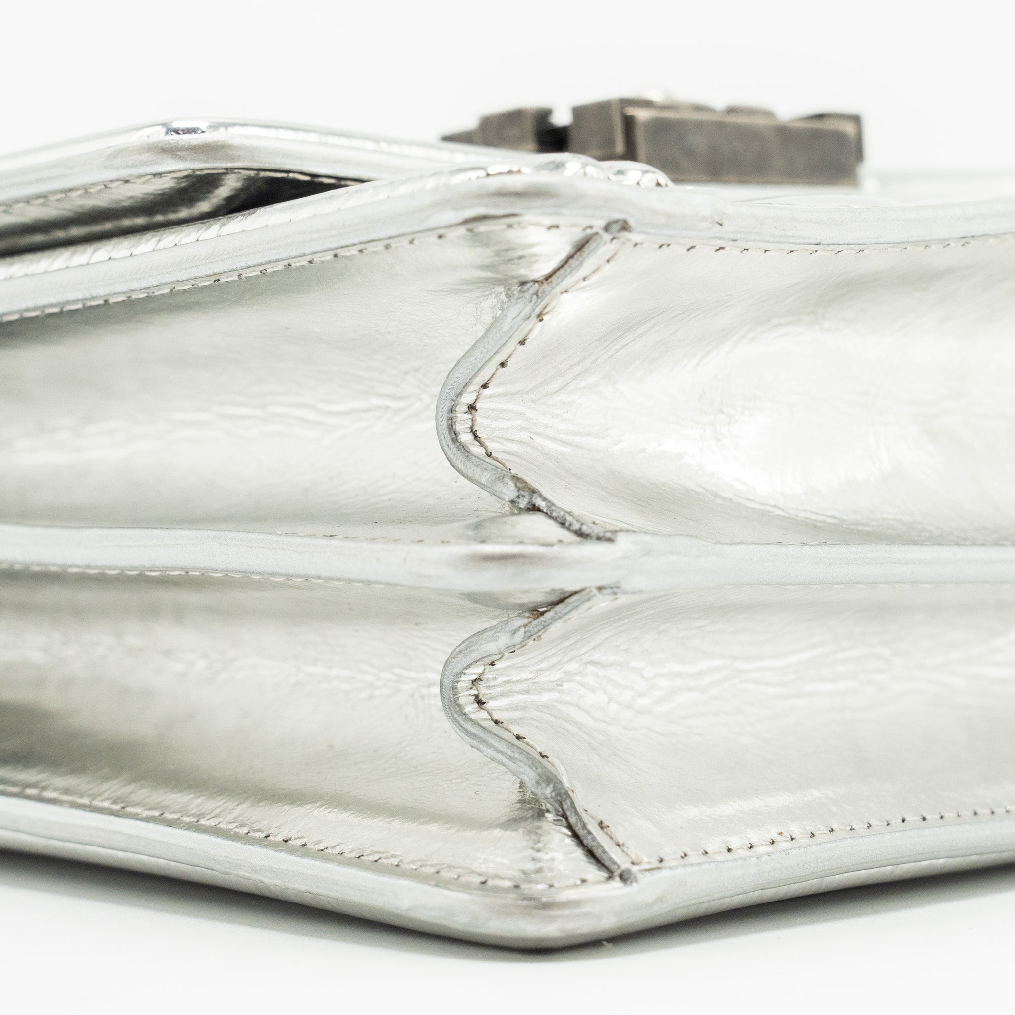 CHANEL BOY NORTH SOUTH FLAP BAG PATENT /GOATSKIN SILVER RUTHENIUM HARDWARE