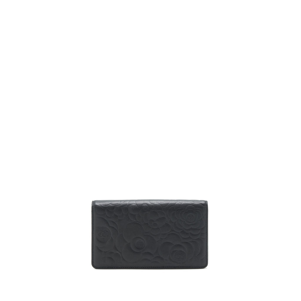 CHANEL CAMELLIA FOLD LONG WALLET LAMBSKIN BLACK / SILVER SHW